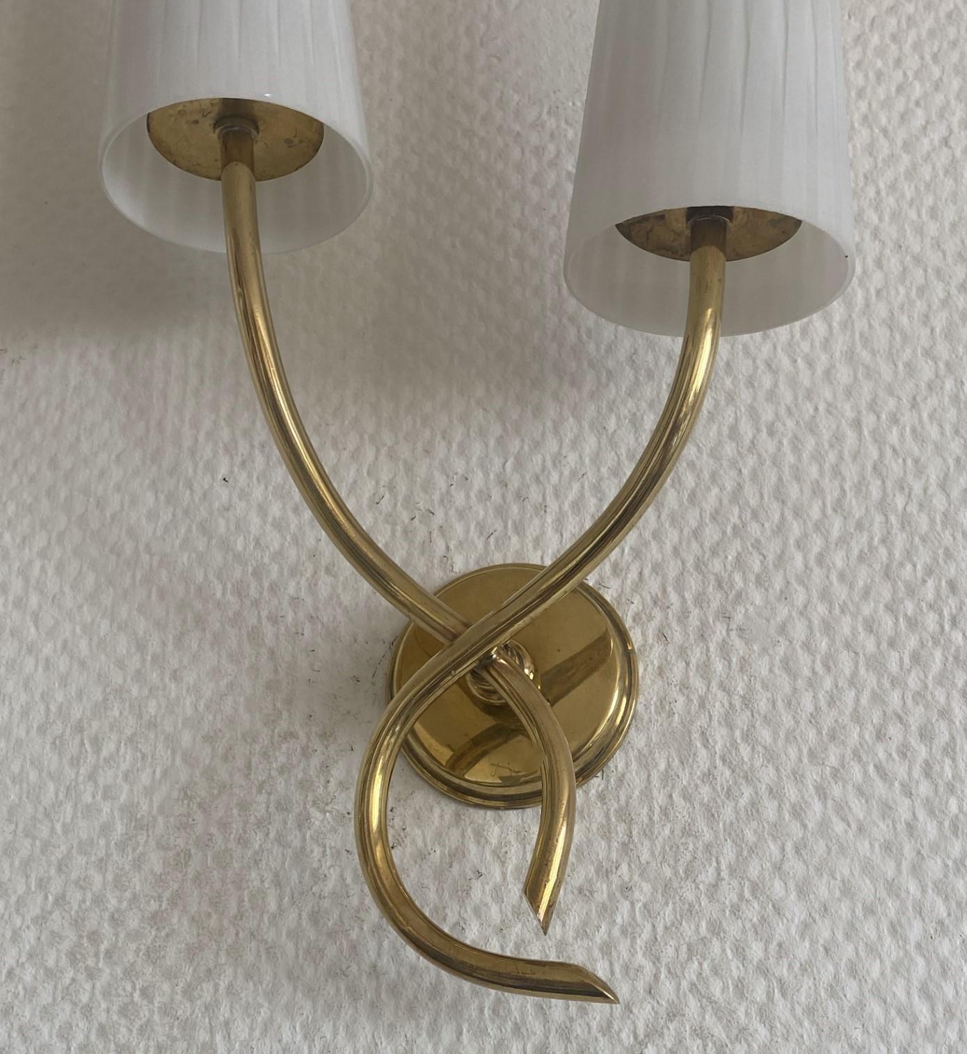 Pair of French Maison Lunel Brass Opal Glass Two-Light Wall Sconces, 1950s For Sale 6