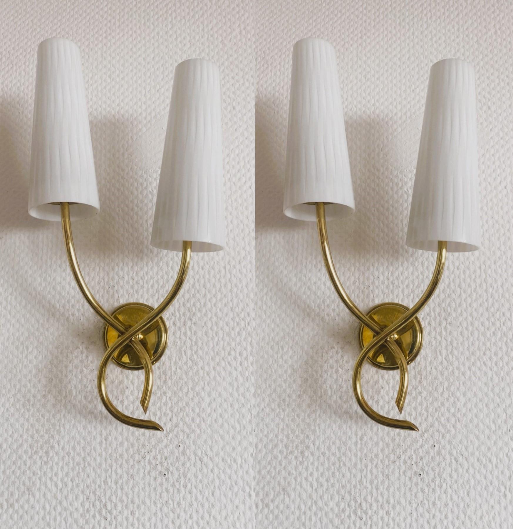 Mid-Century Modern Pair of French Maison Lunel Brass Opal Glass Two-Light Wall Sconces, 1950s For Sale