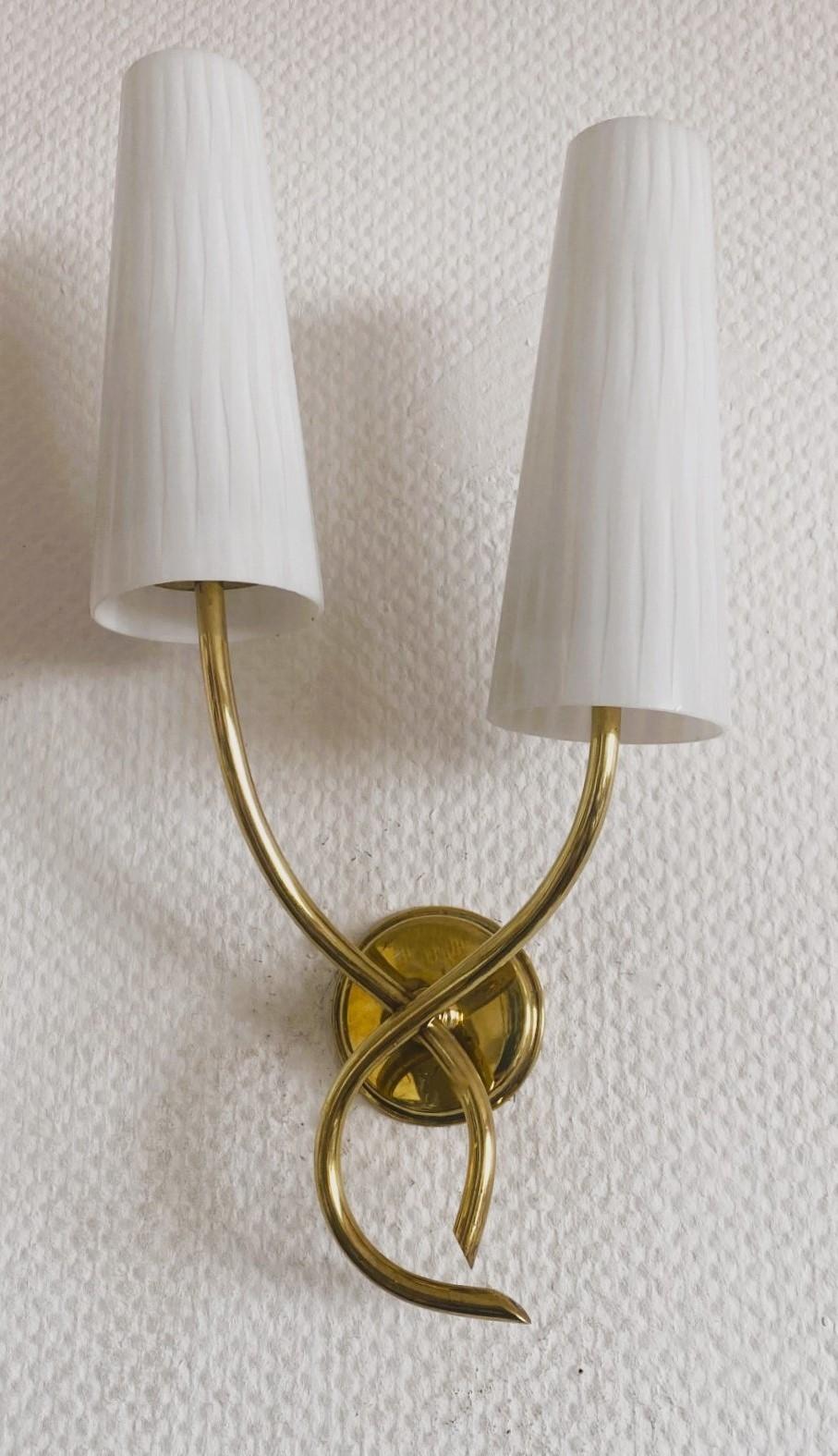20th Century Pair of French Maison Lunel Brass Opal Glass Two-Light Wall Sconces, 1950s For Sale