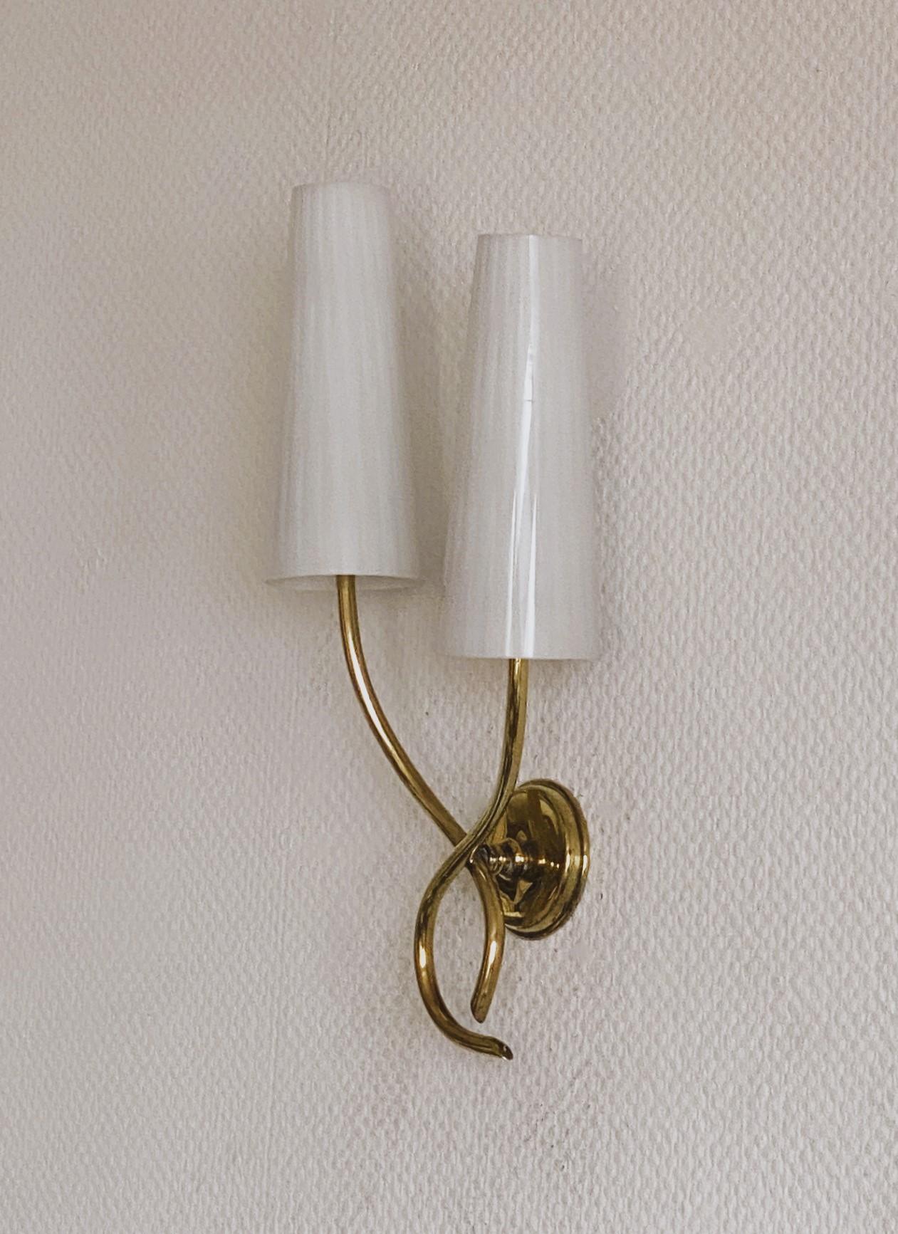 Pair of French Maison Lunel Brass Opal Glass Two-Light Wall Sconces, 1950s For Sale 1