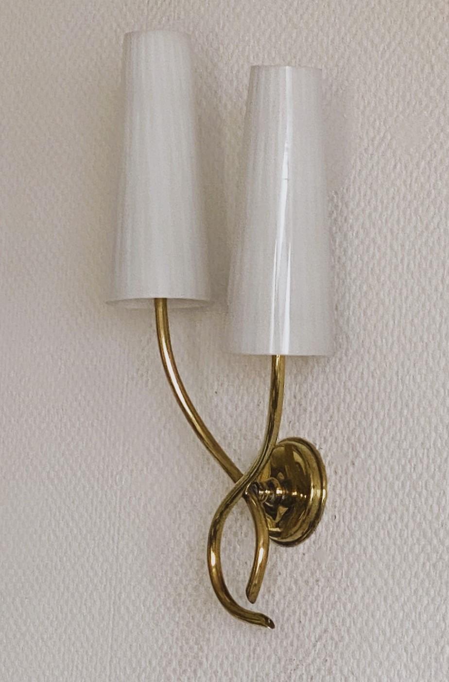 Pair of French Maison Lunel Brass Opal Glass Two-Light Wall Sconces, 1950s For Sale 2