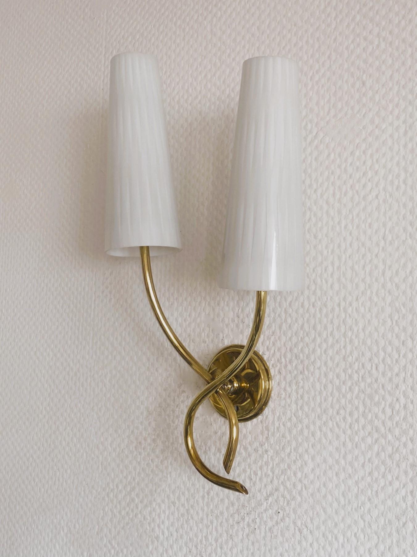 Pair of French Maison Lunel Brass Opal Glass Two-Light Wall Sconces, 1950s For Sale 3