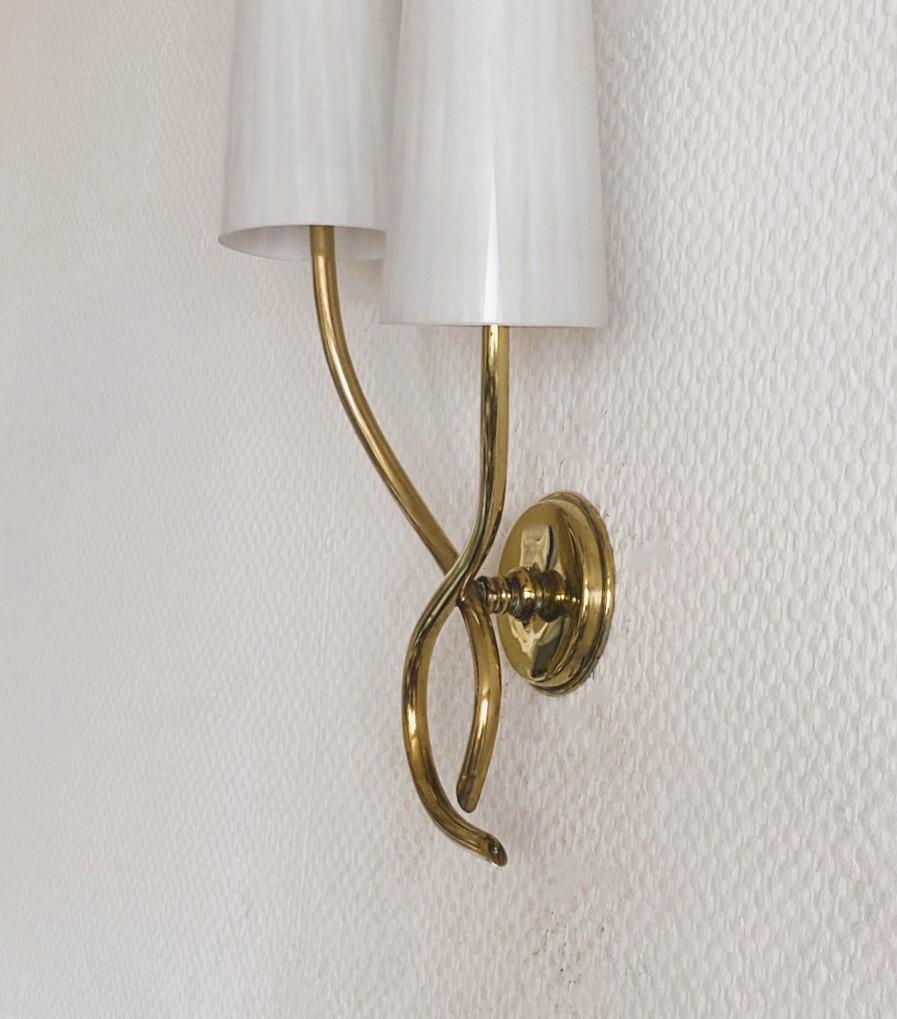 Pair of French Maison Lunel Brass Opal Glass Two-Light Wall Sconces, 1950s For Sale 4