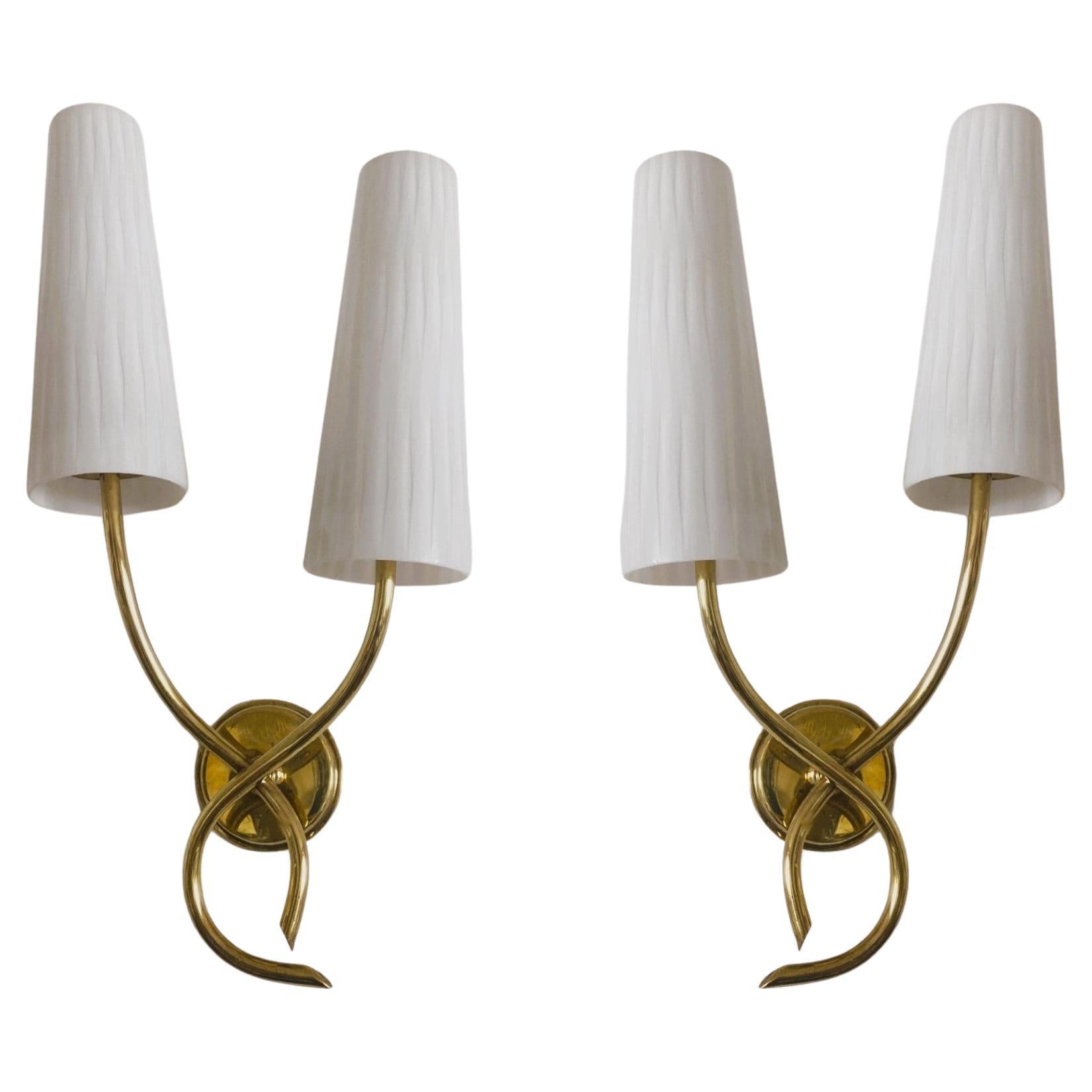 Pair of French Maison Lunel Brass Opal Glass Two-Light Wall Sconces, 1950s For Sale