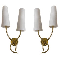 Vintage Pair of French Maison Lunel Brass Opal Glass Two-Light Wall Sconces, 1950s
