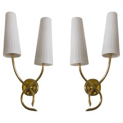 Pair of French Maison Lunel Brass Opal Glass Two-Light Wall Sconces, 1950s