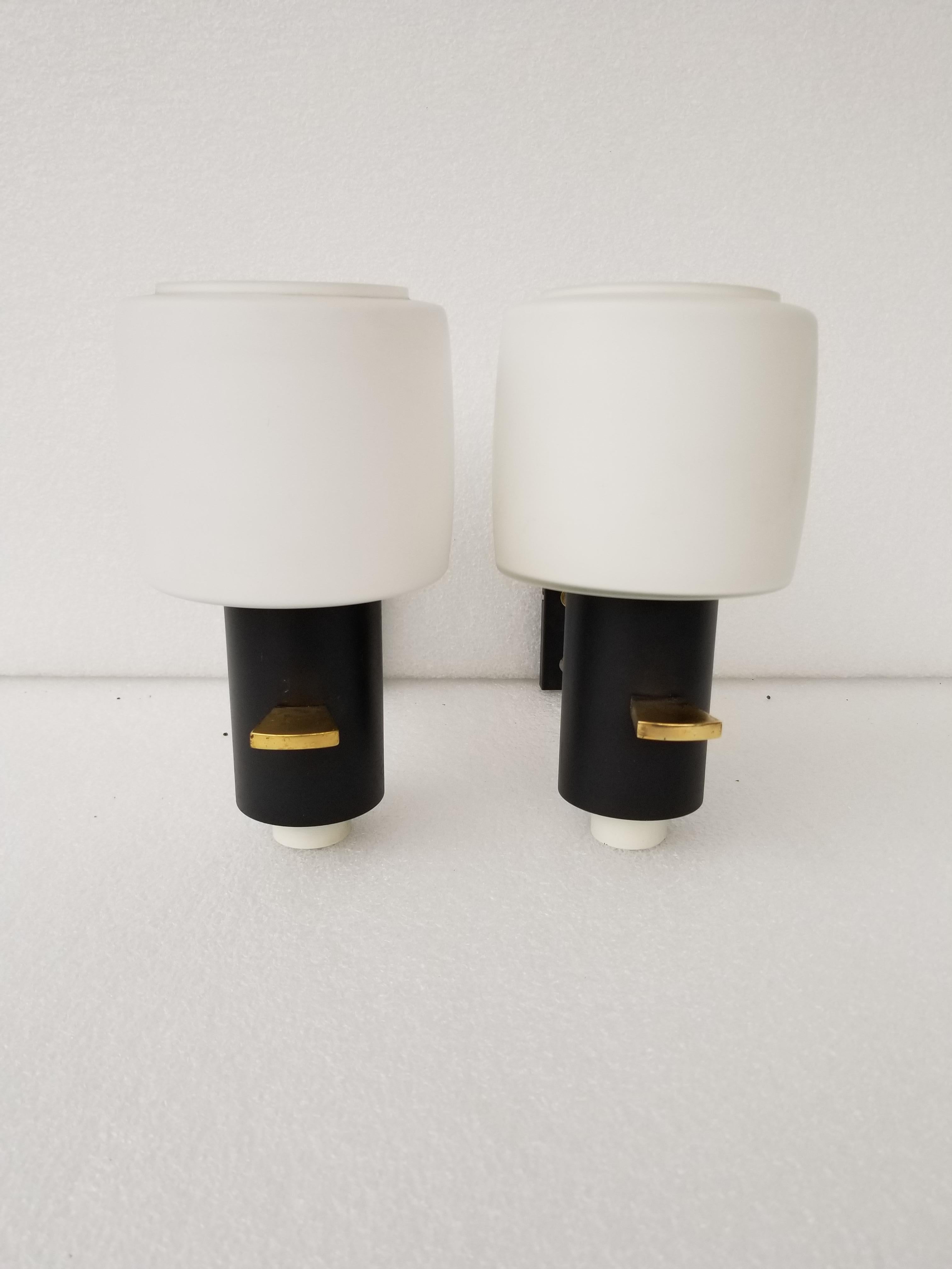Pair of French Maison Lunel Sconces Brass and White Opaline Shades In Good Condition In Miami, FL
