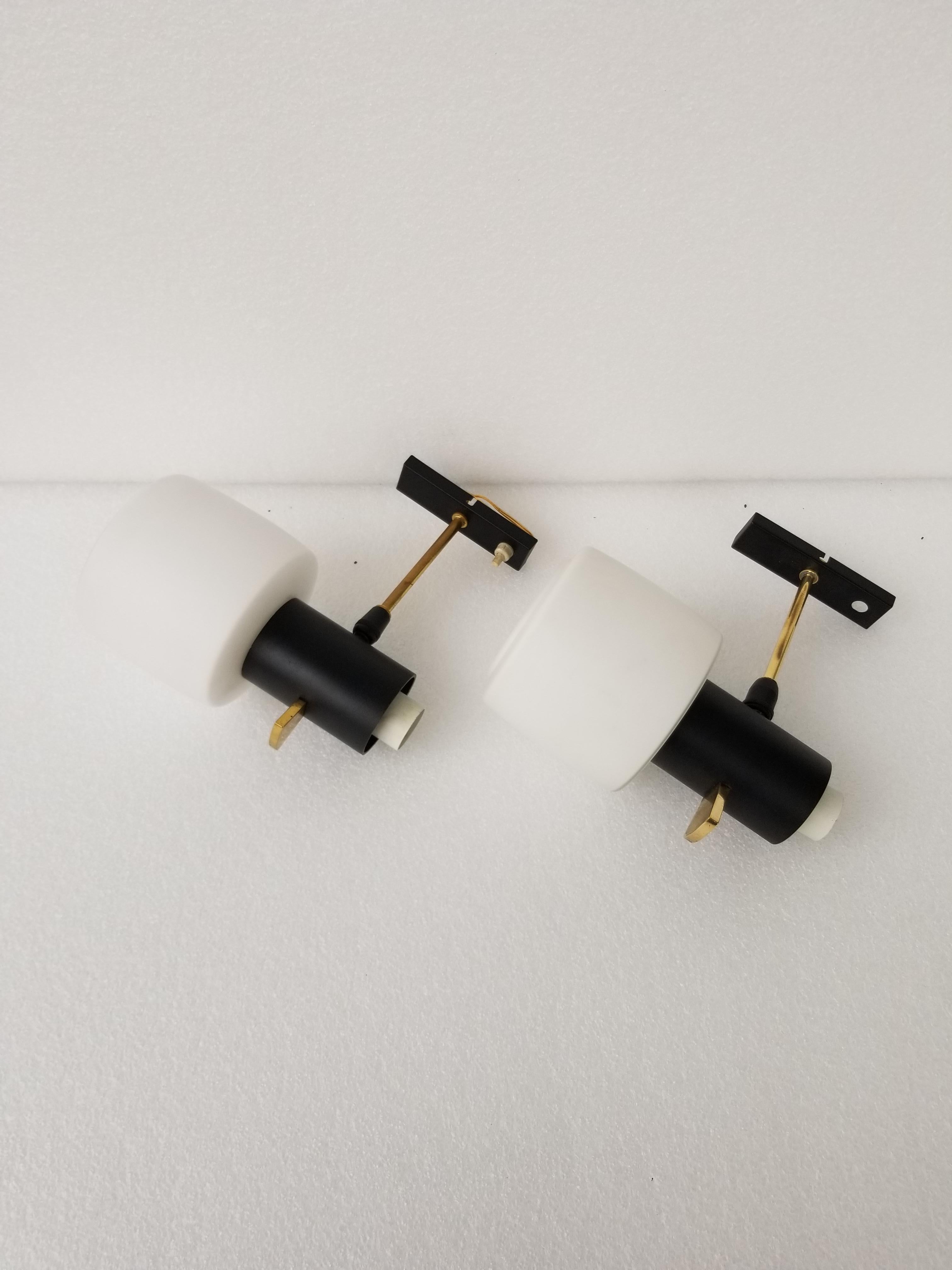 Mid-20th Century Pair of French Maison Lunel Sconces Brass and White Opaline Shades