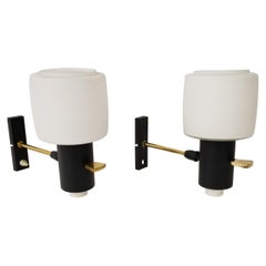 Pair of French Maison Lunel Sconces Brass and White Opaline Shades