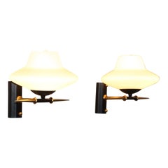 Pair of French Maison Lunel Sconces in Brass and White Opaline Shades