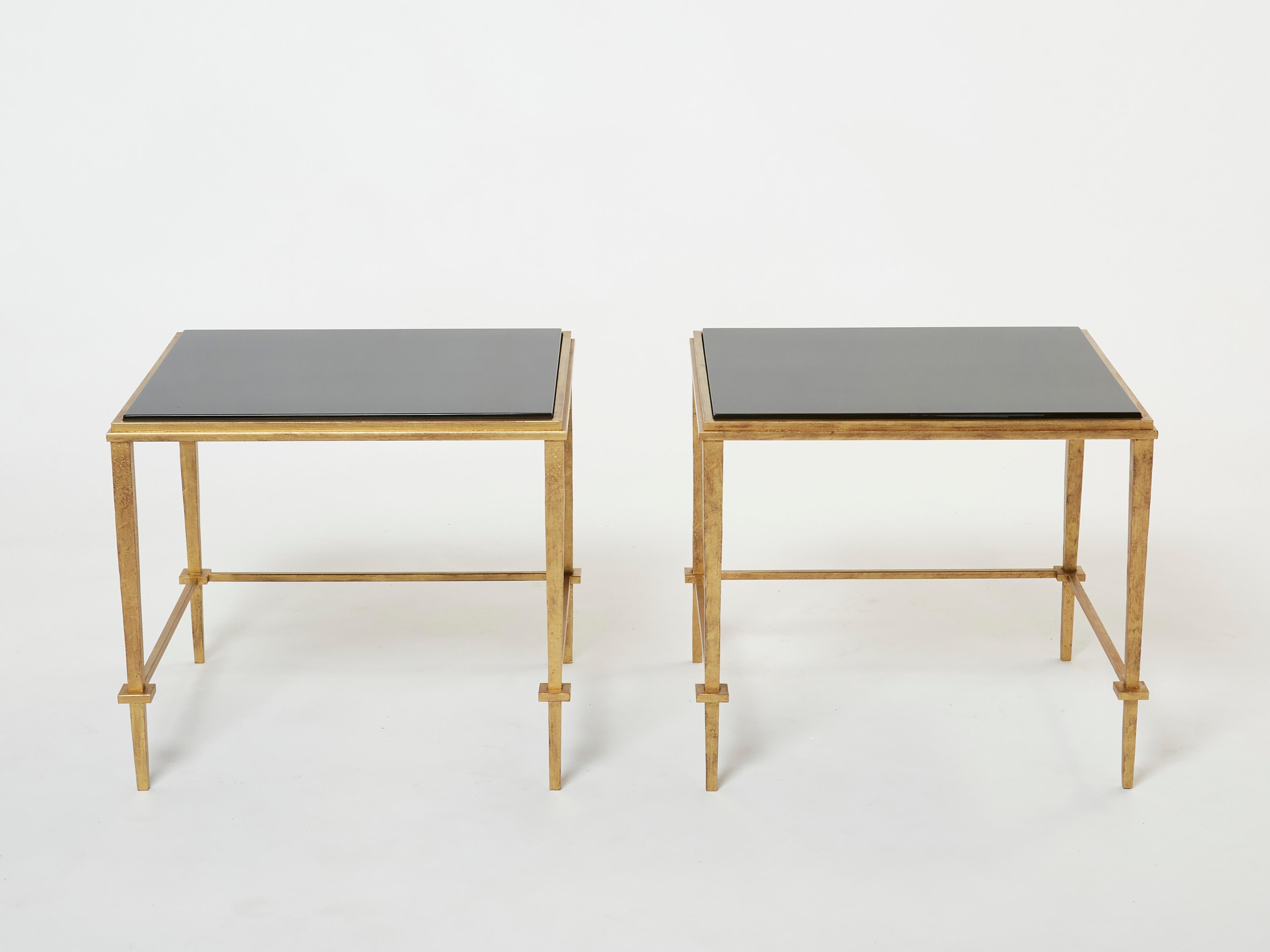 Pair of French Maison Ramsay End Tables Gilded Iron Black Lacquer, 1950 In Good Condition For Sale In Paris, IDF