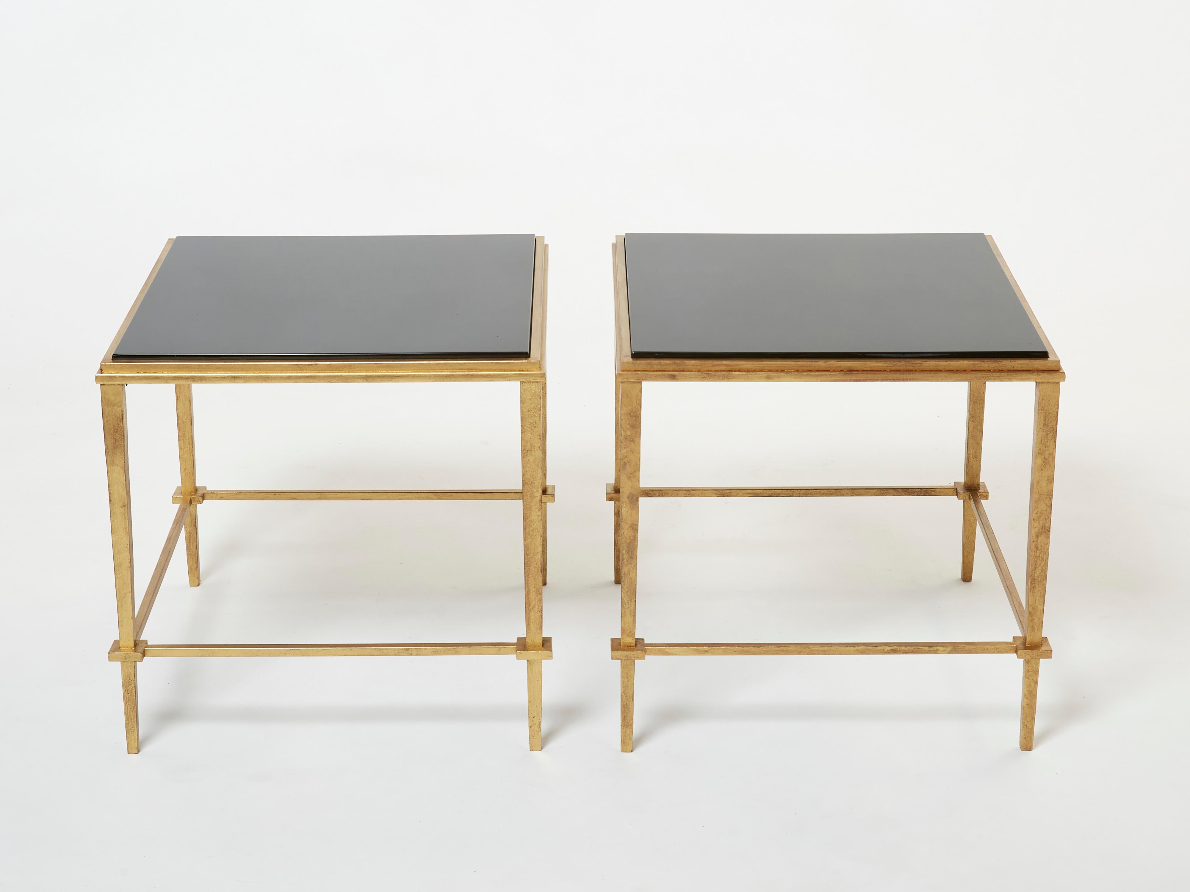 Mid-20th Century Pair of French Maison Ramsay End Tables Gilded Iron Black Lacquer, 1950 For Sale