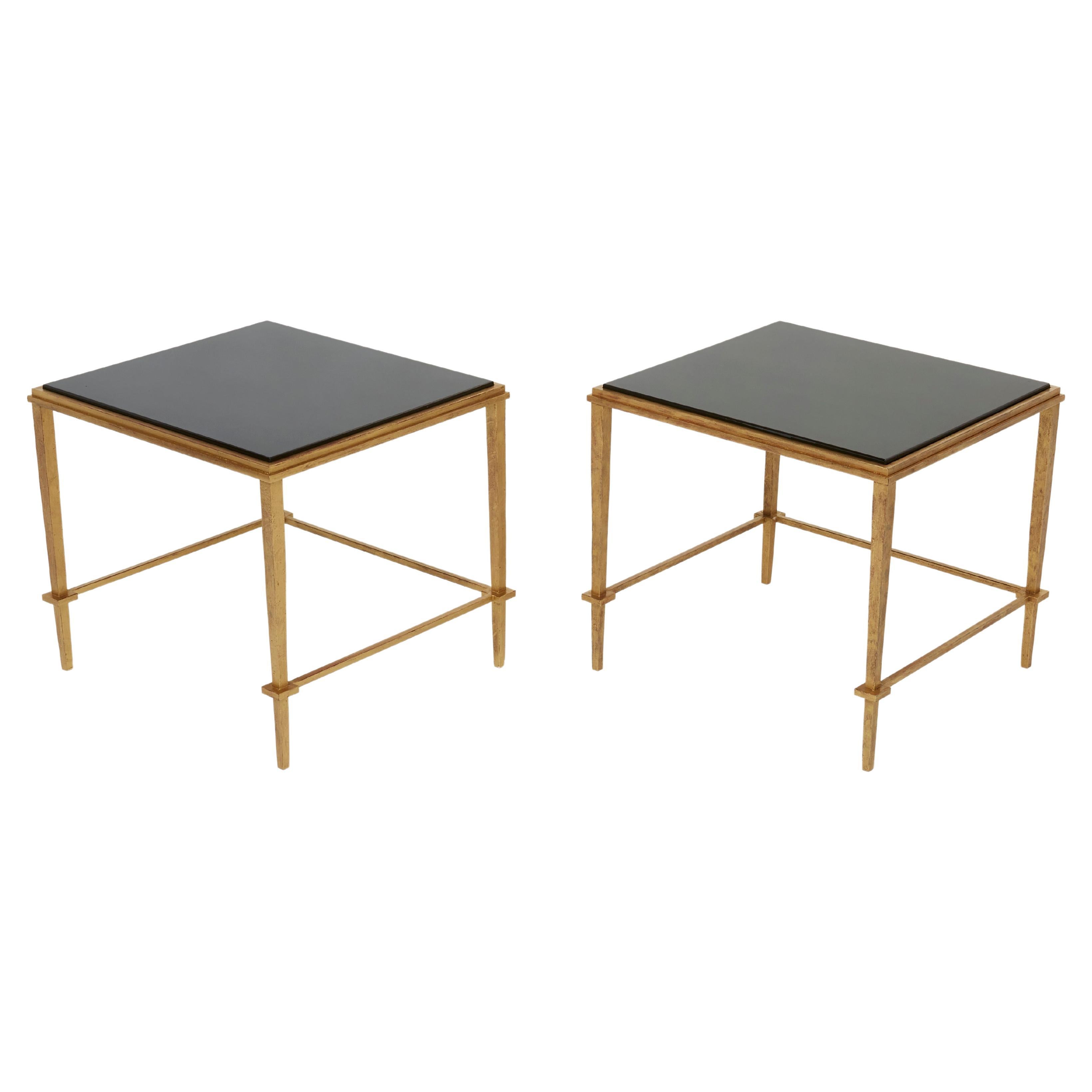 Pair of French Maison Ramsay End Tables Gilded Iron Black Lacquer, 1950