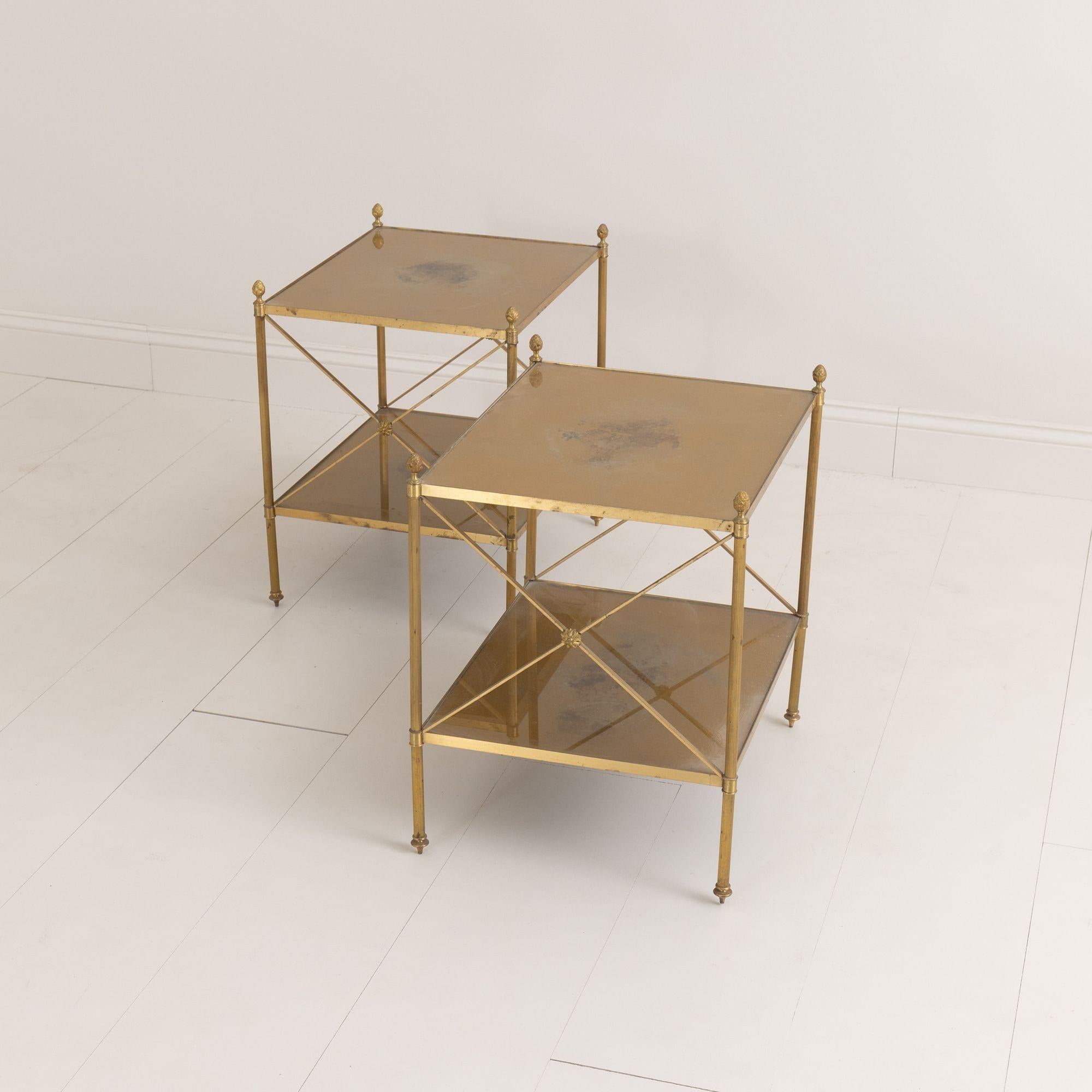 Pair of French Maison Style Brass Side Tables with Gold Eglomise Shelves For Sale 5