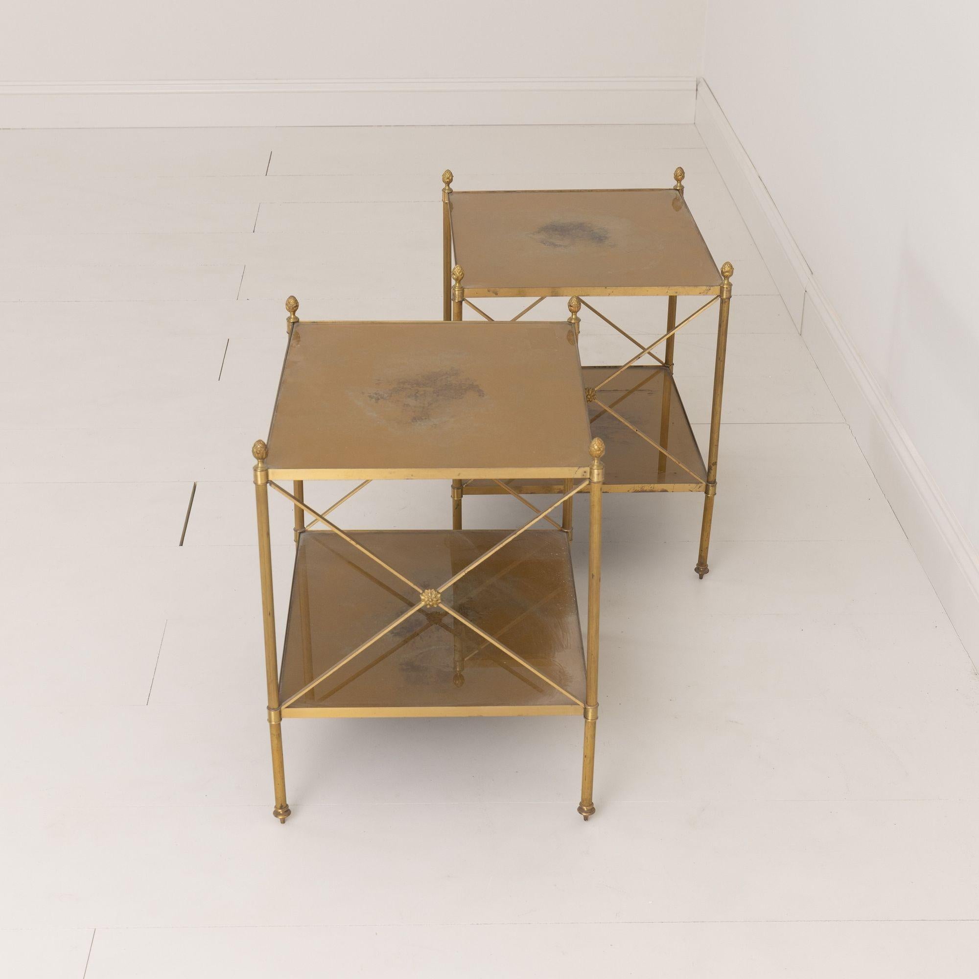 Pair of French Maison Style Brass Side Tables with Gold Eglomise Shelves For Sale 7