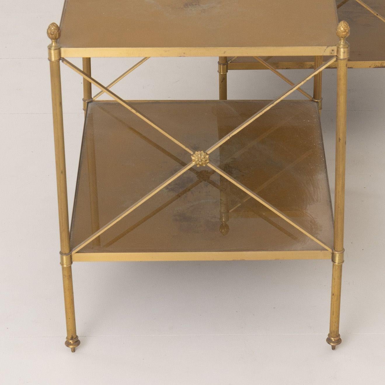 Pair of French Maison Style Brass Side Tables with Gold Eglomise Shelves For Sale 8