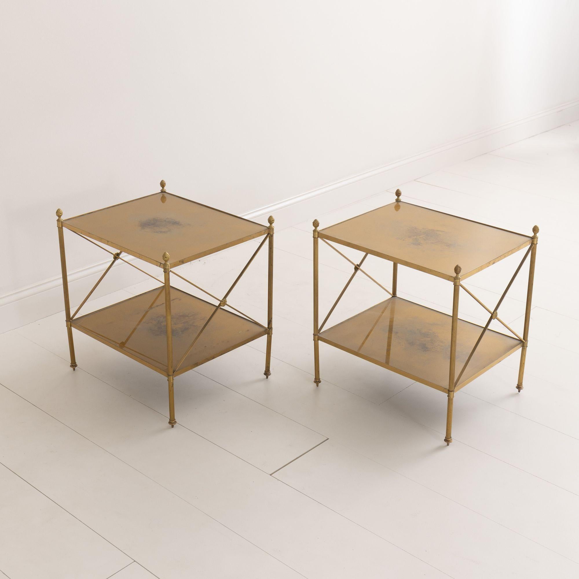 Pair of French Maison Style Brass Side Tables with Gold Eglomise Shelves For Sale 9