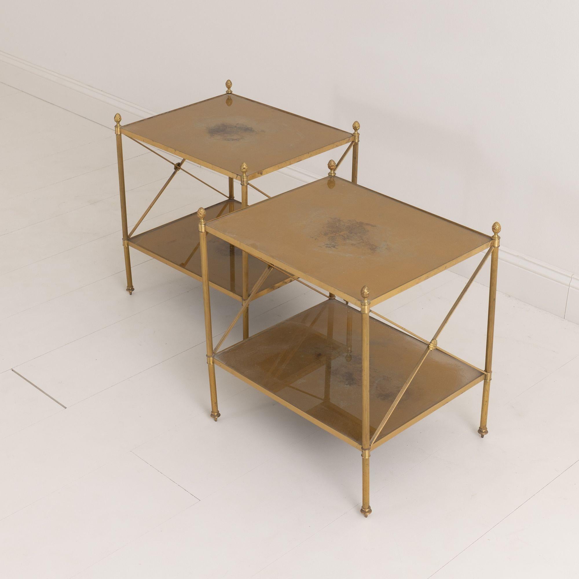 Neoclassical Pair of French Maison Style Brass Side Tables with Gold Eglomise Shelves For Sale
