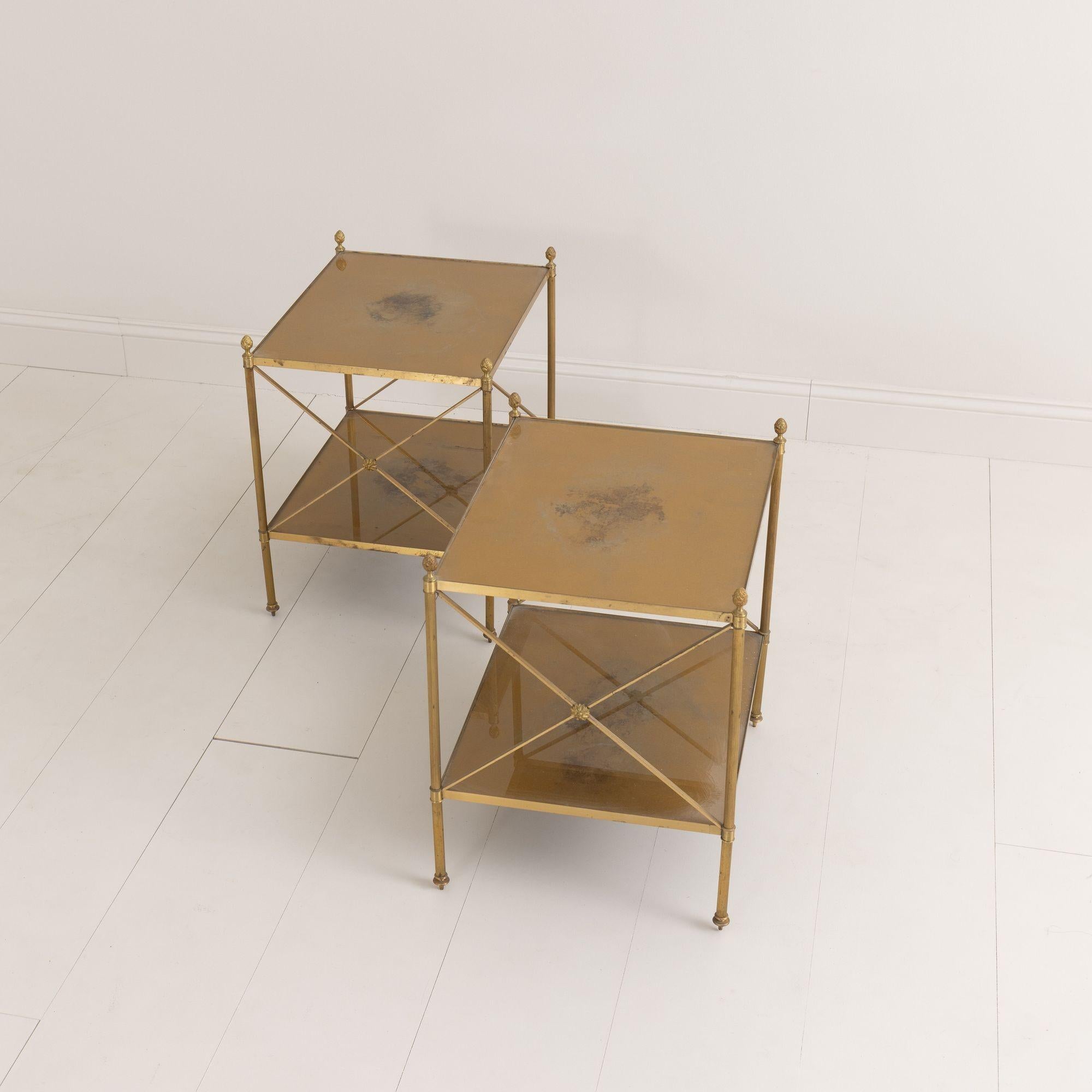 Pair of French Maison Style Brass Side Tables with Gold Eglomise Shelves In Good Condition For Sale In Wichita, KS