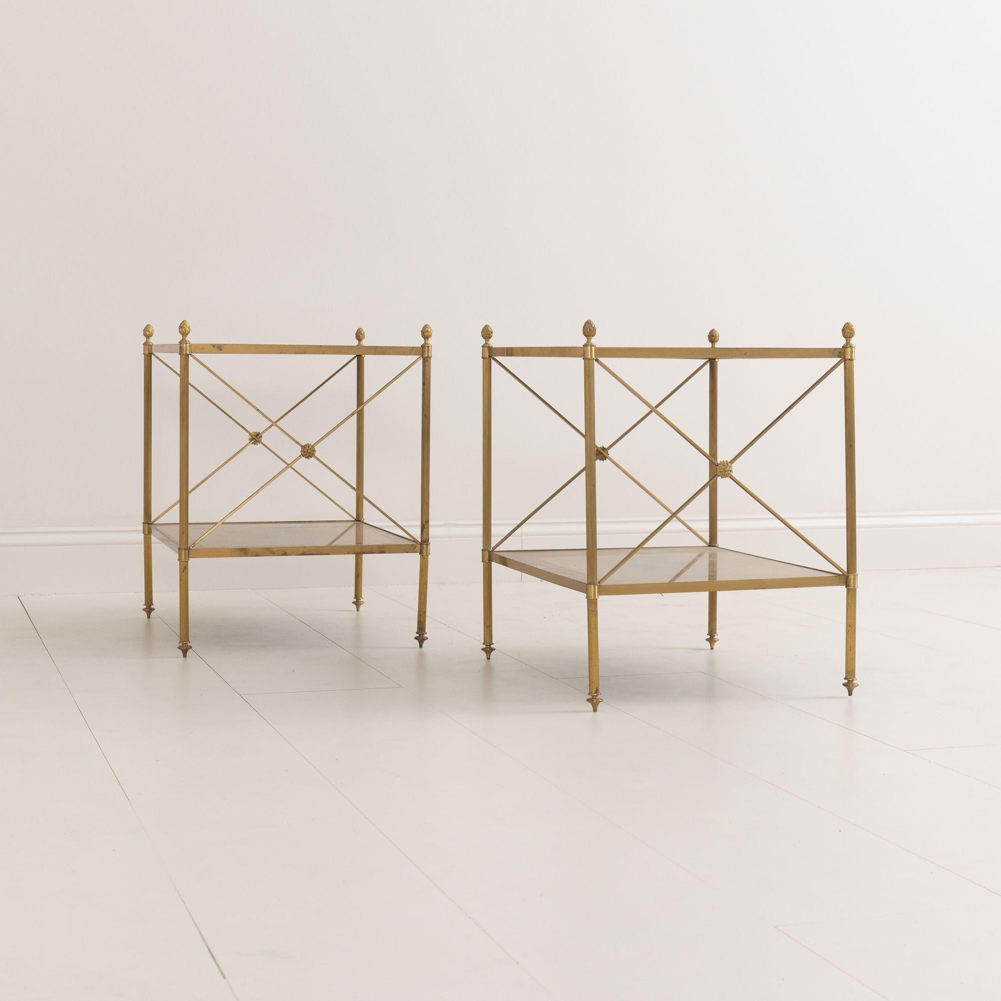 Pair of French Maison Style Brass Side Tables with Gold Eglomise Shelves For Sale 1