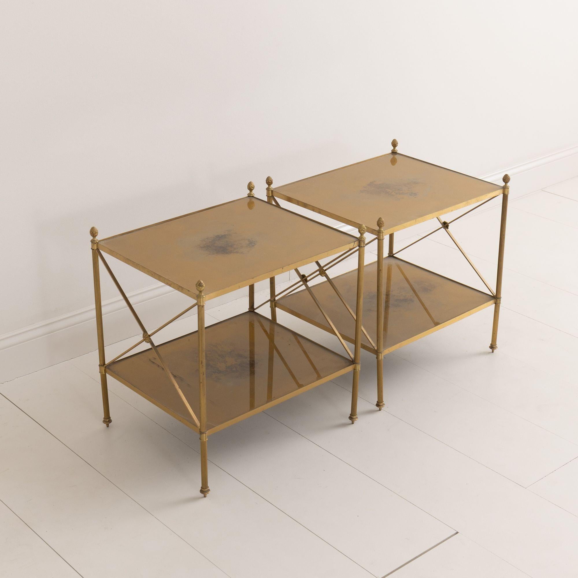 Pair of French Maison Style Brass Side Tables with Gold Eglomise Shelves For Sale 2