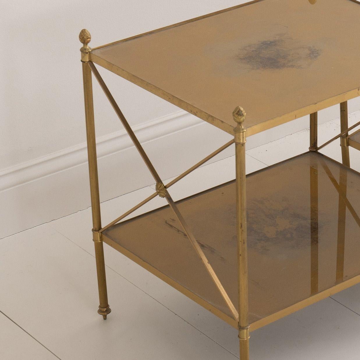 Pair of French Maison Style Brass Side Tables with Gold Eglomise Shelves For Sale 3