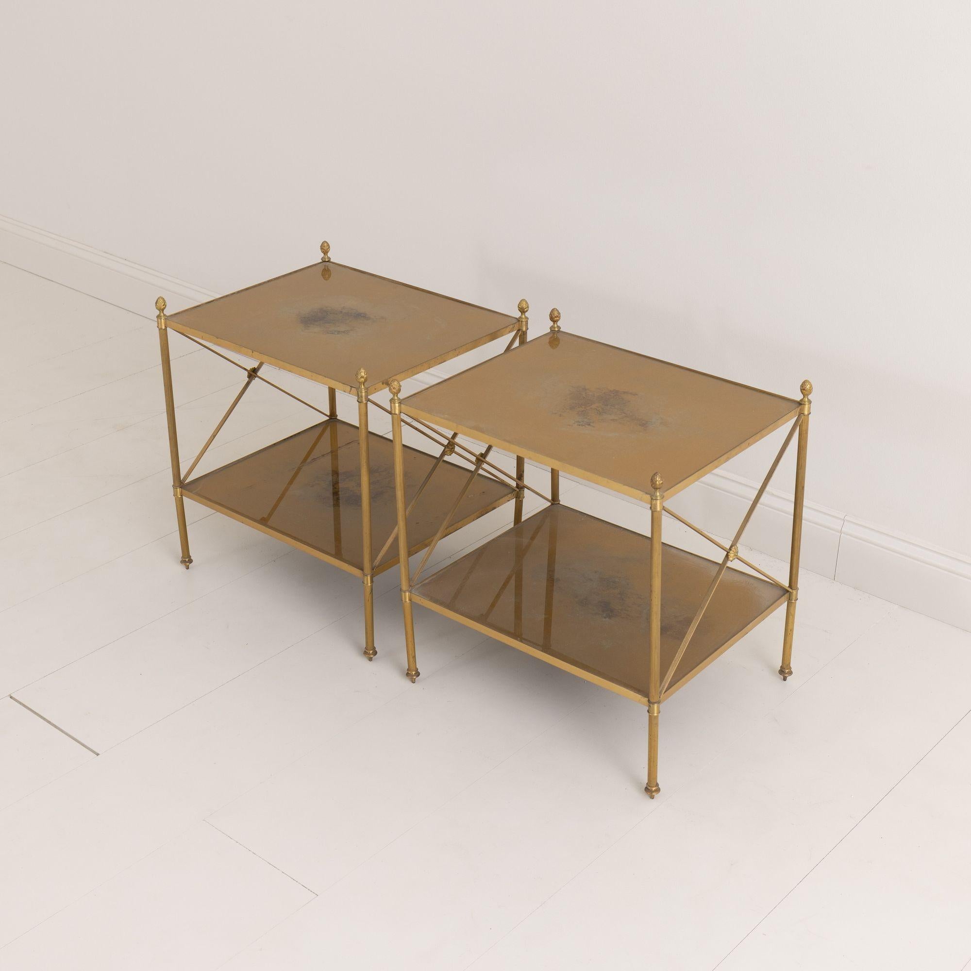 Pair of French Maison Style Brass Side Tables with Gold Eglomise Shelves For Sale 4