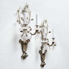 Pair of French Maison Bagues Crystal Rock and Silver Leaf Sconces.