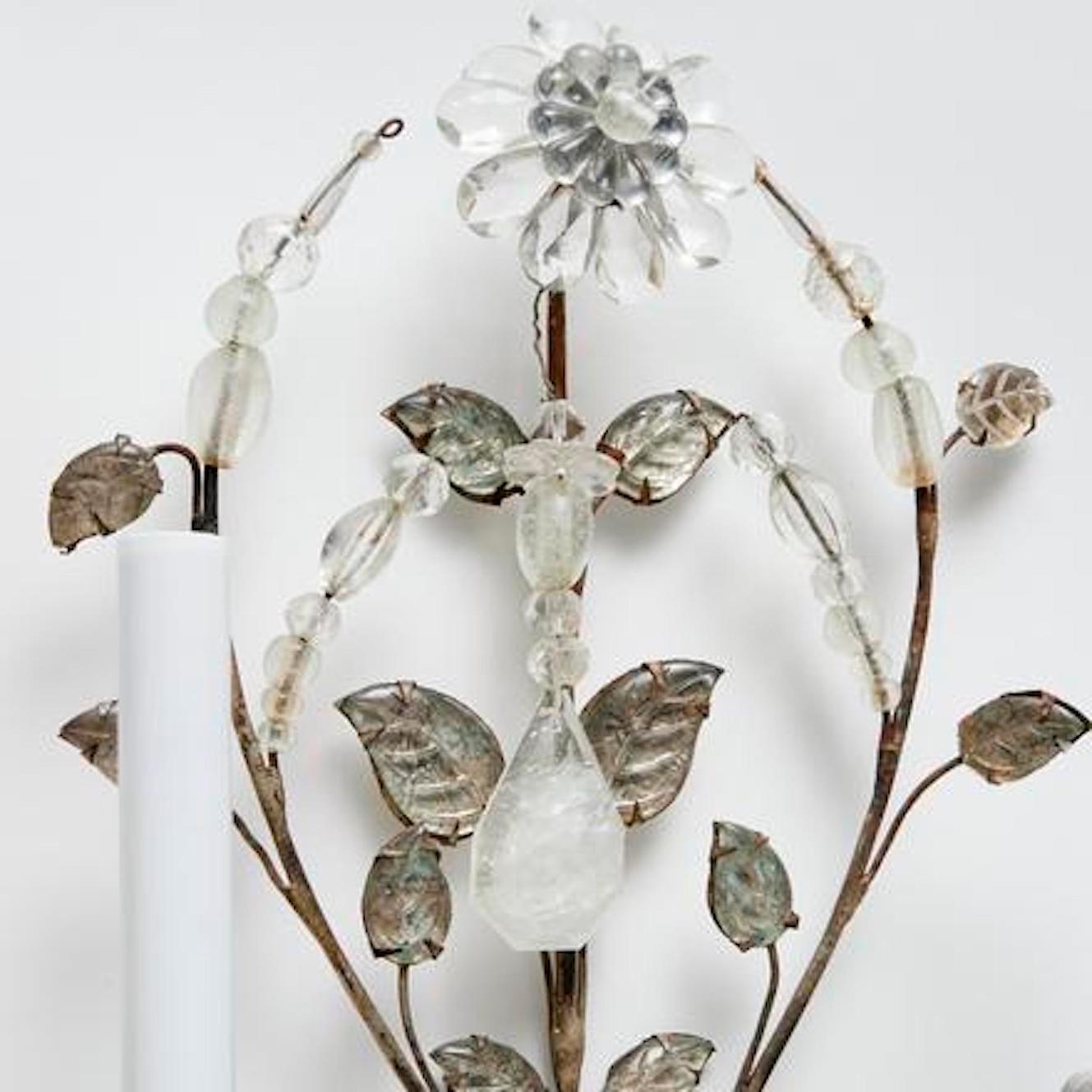 Mid-20th Century Pair of French Maison Bagues Crystal Rock and Silver Leaf Sconces. For Sale