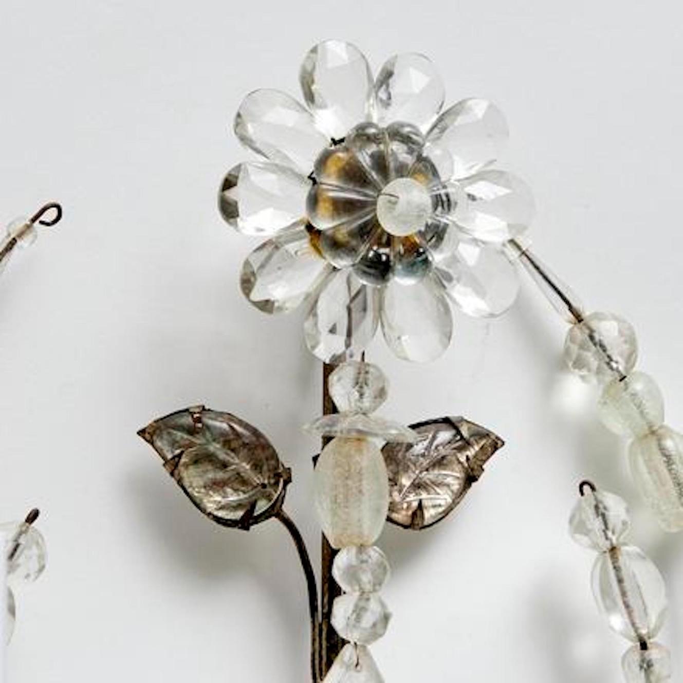 Rock Crystal Pair of French Maison Bagues Crystal Rock and Silver Leaf Sconces. For Sale