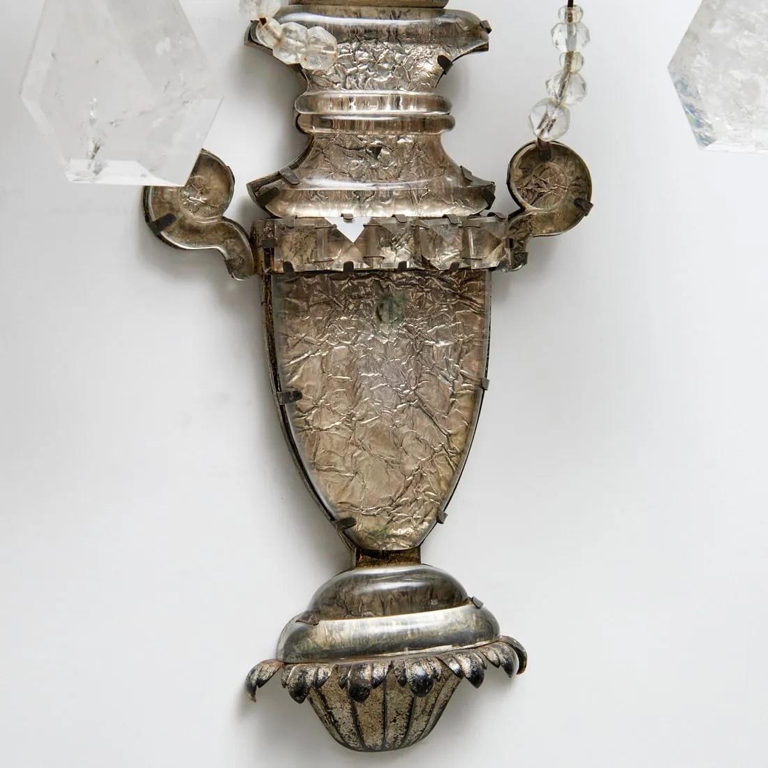Pair of French Maison Bagues Crystal Rock and Silver Leaf Sconces. For Sale 3