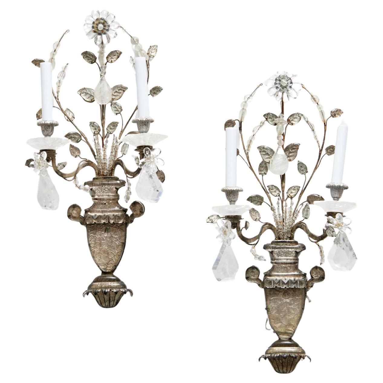 Pair of French Maison Bagues Crystal Rock and Silver Leaf Sconces.