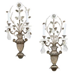 Pair of French Maison Bagues Crystal Rock and Silver Leaf Sconces.