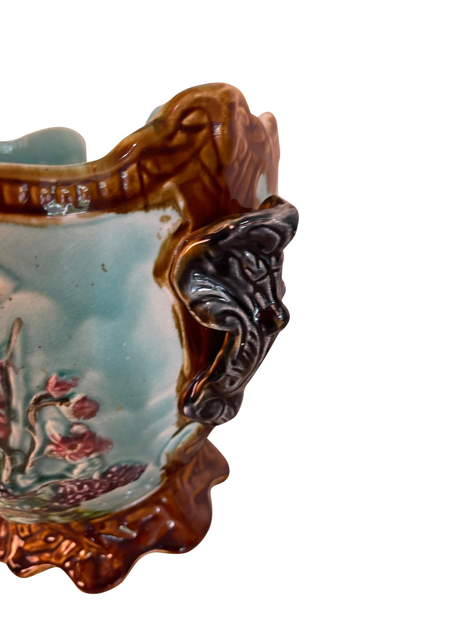 19th Century Pair of French Majolica Barbotine Cache Pots 