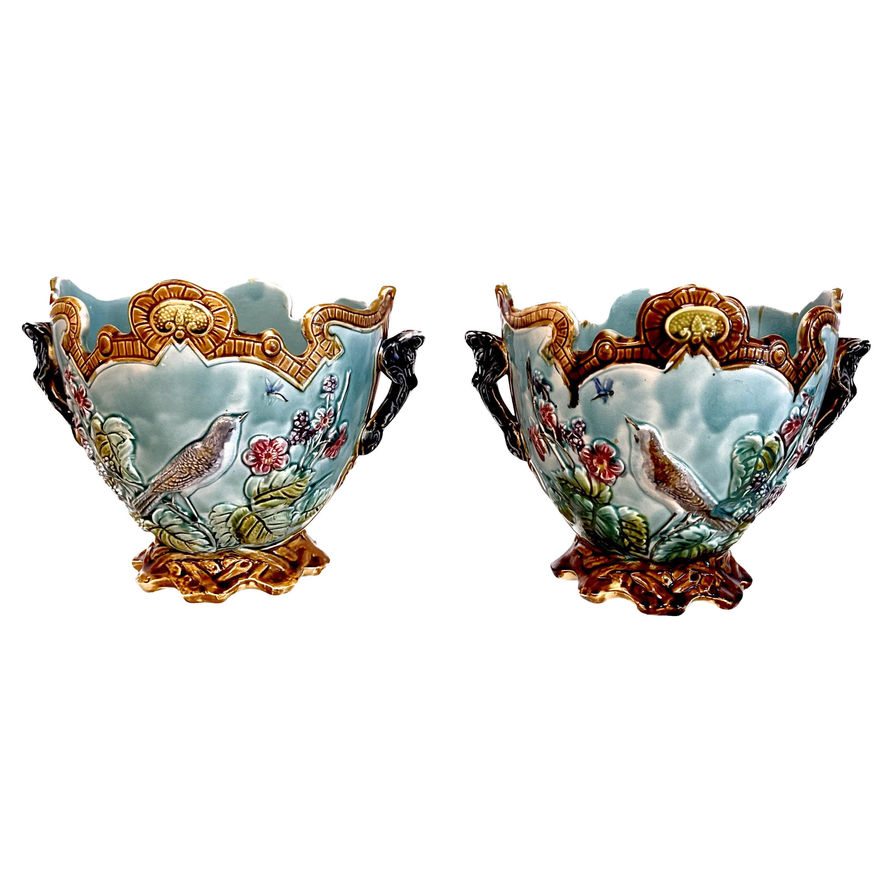 Pair of French Majolica Barbotine Cache Pots 