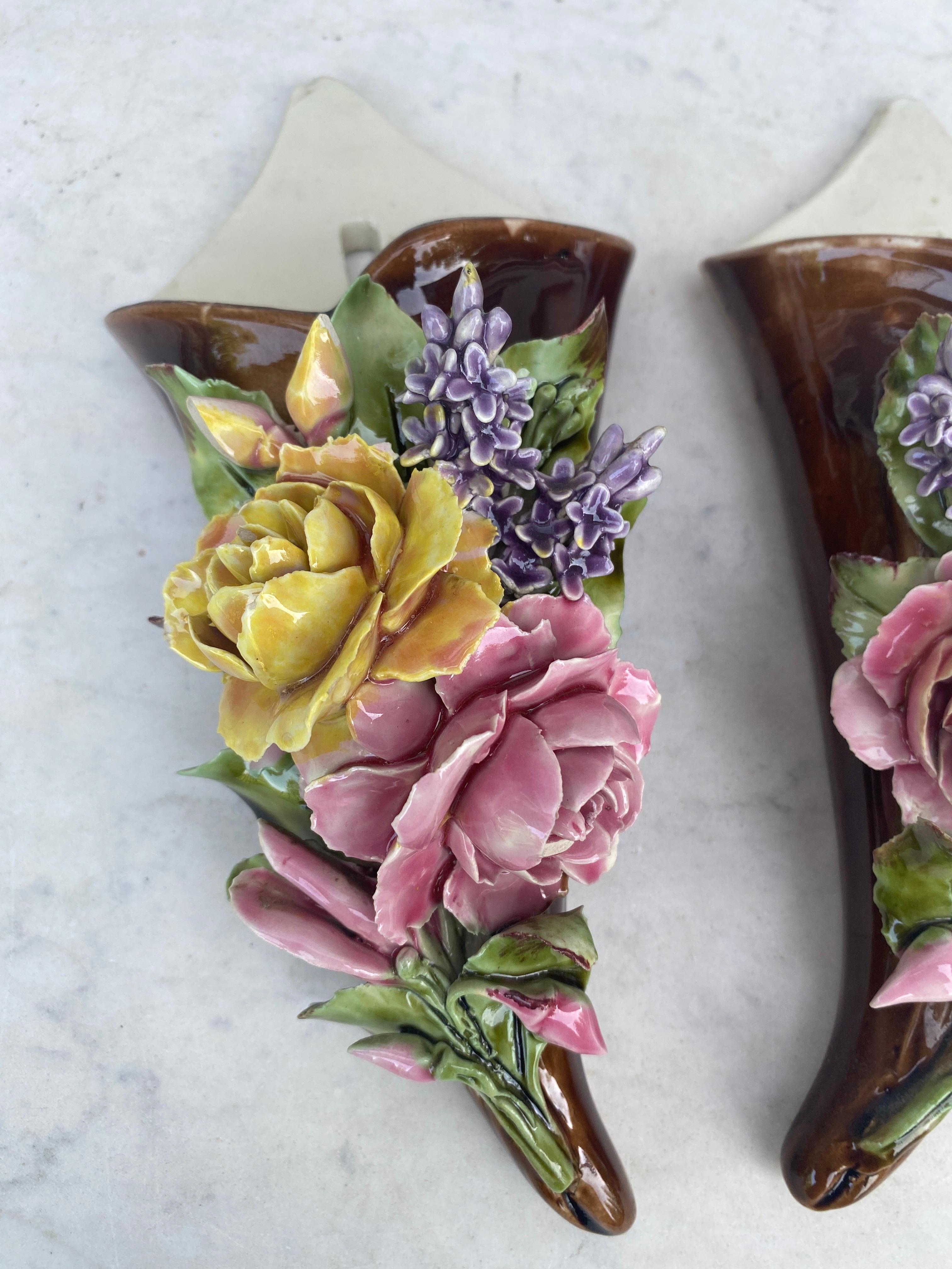 Pair of French Majolica Flowers Wall Pockets Choisy Le Roi, Circa 1890.
Lilac and roses.
