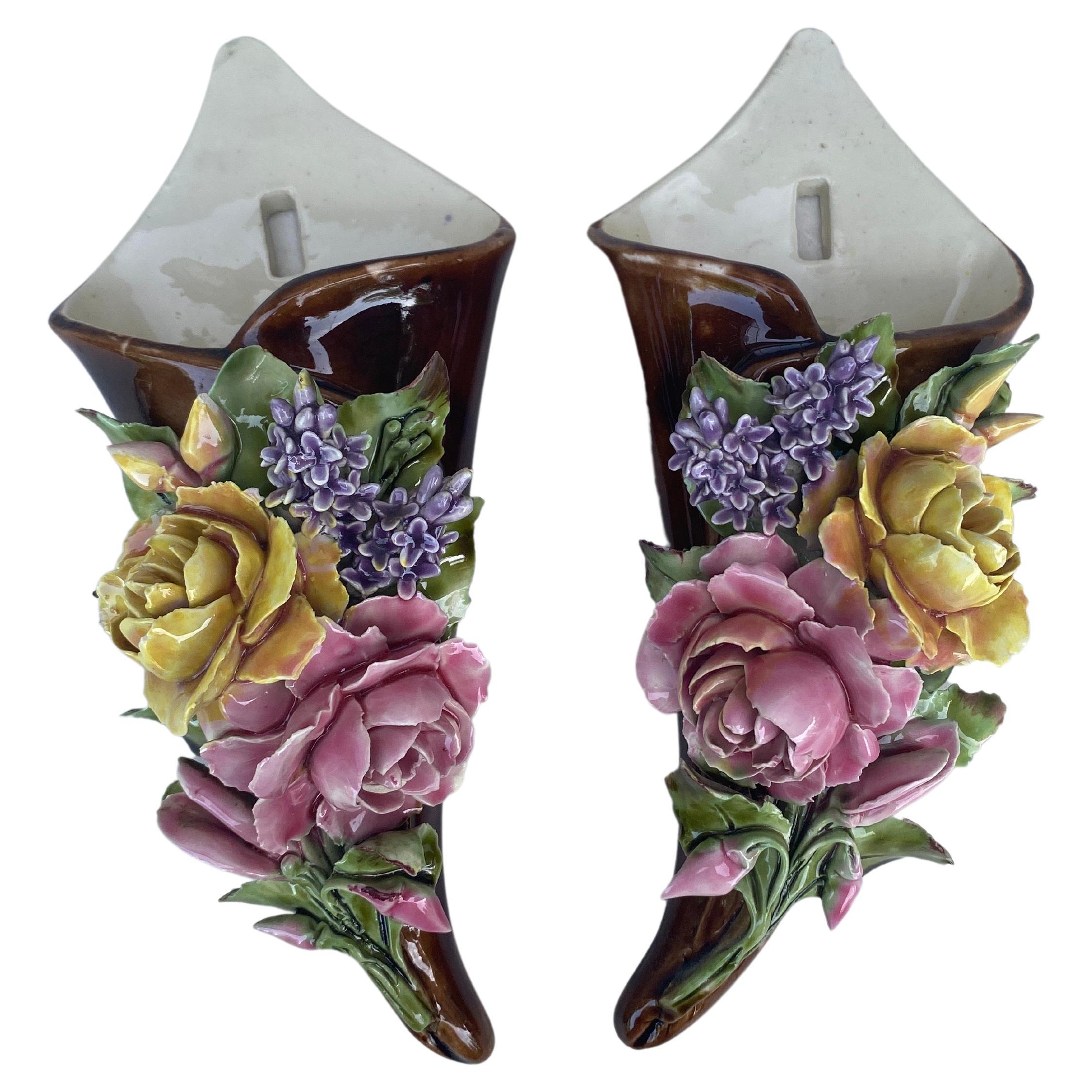 Pair of French Majolica Flowers Wall Pockets Choisy Le Roi, Circa 1890