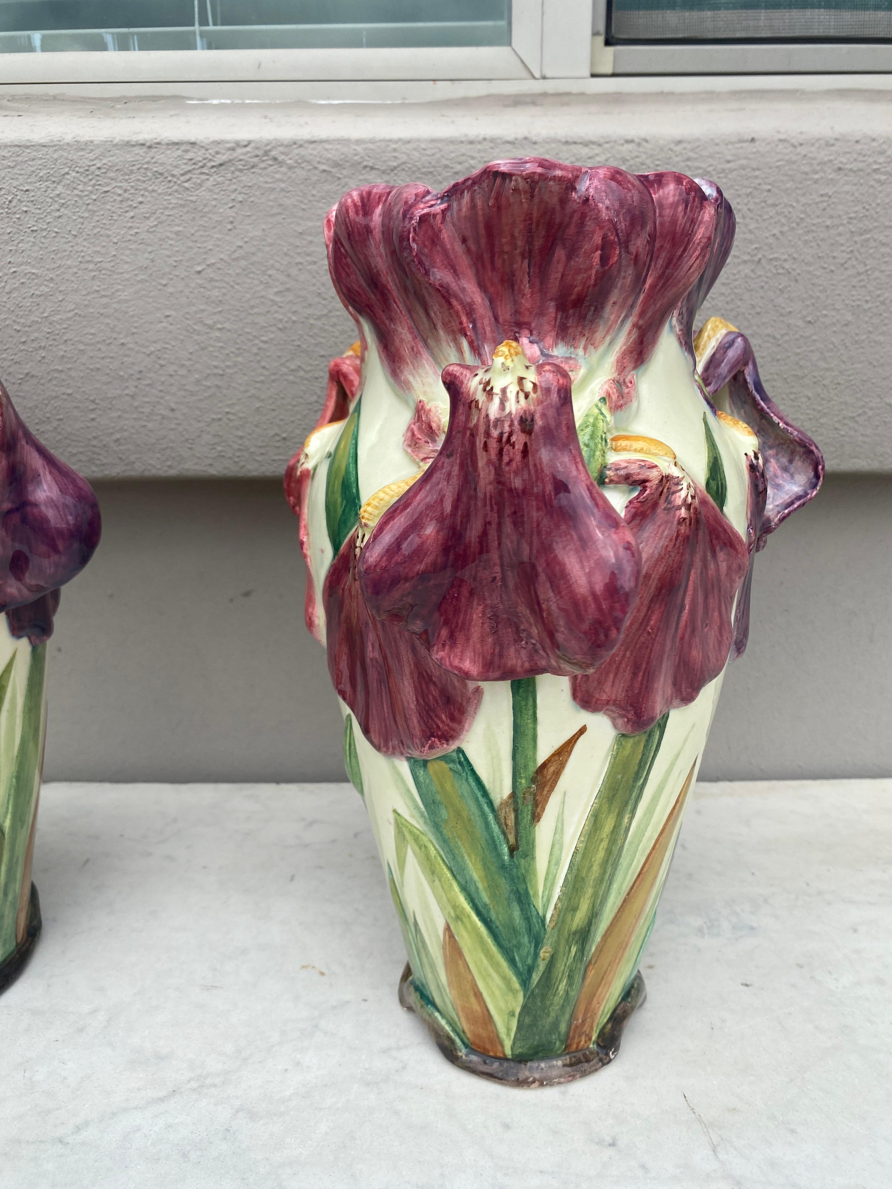Pair of French Majolica Iris Vase Delphin Massier, circa 1880 In Good Condition For Sale In Austin, TX