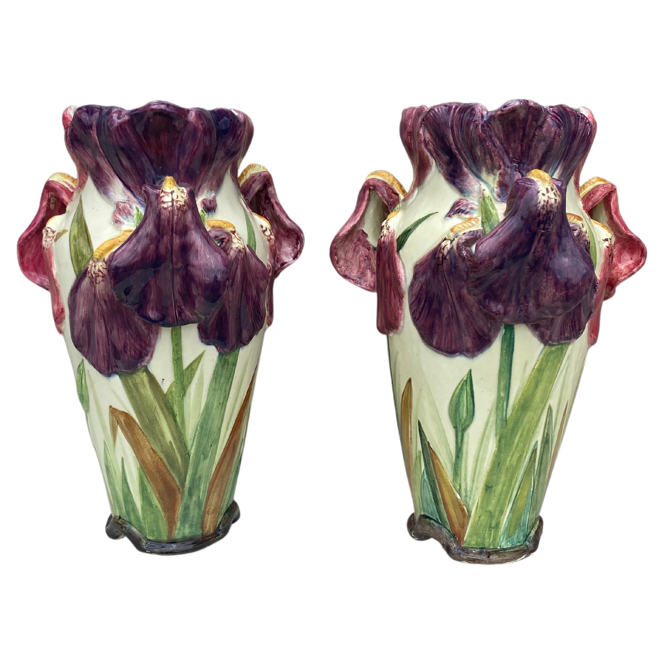 Pair of French Majolica Iris Vase Delphin Massier, circa 1880