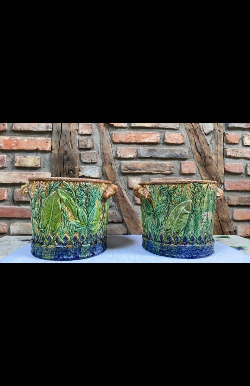 Rustic Pair of French Majolica Leaves Caches Pots Circa 1880