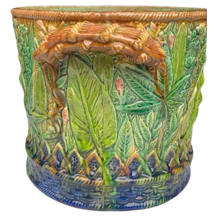 Ceramic Pair of French Majolica Leaves Caches Pots Circa 1880