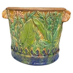 Pair of French Majolica Leaves Caches Pots Circa 1880