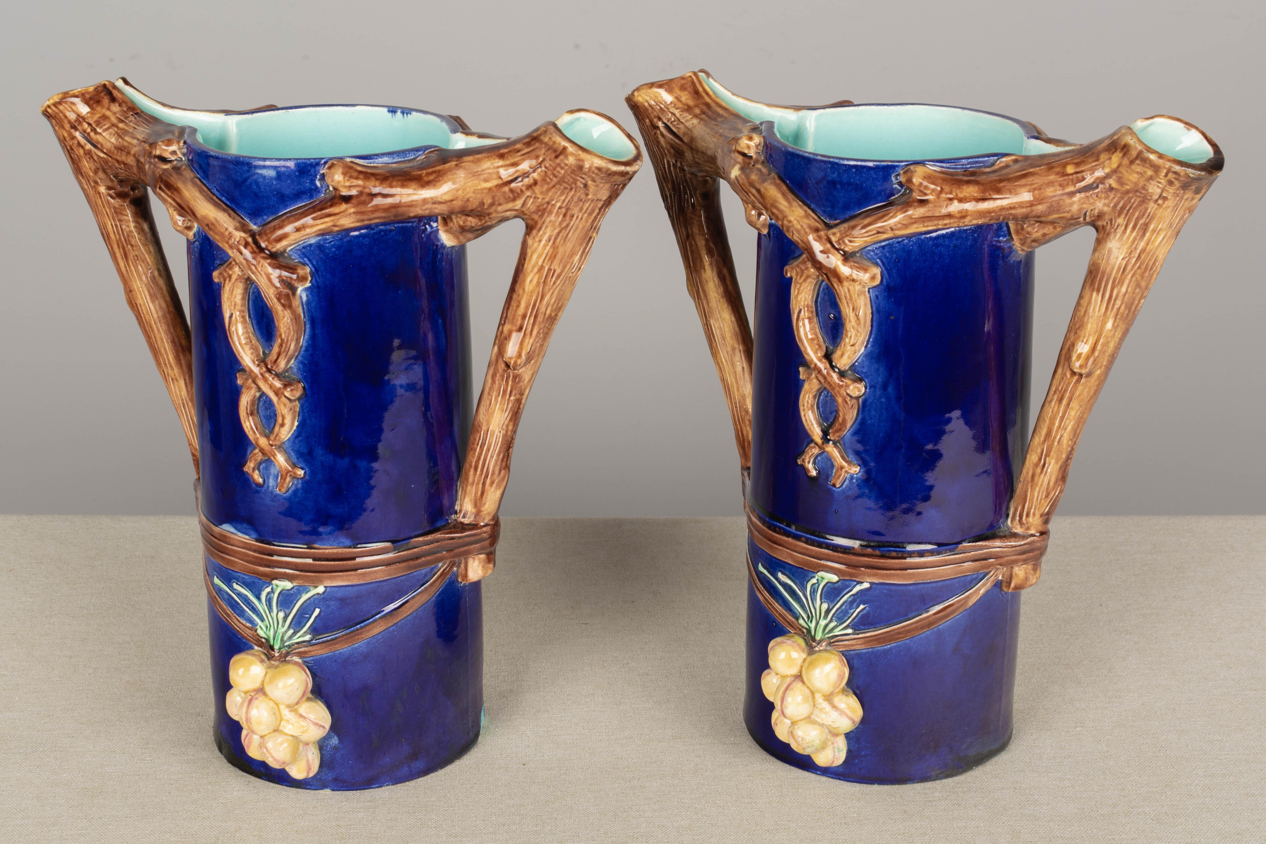 20th Century Pair of French Majolica Pitchers or Vases For Sale