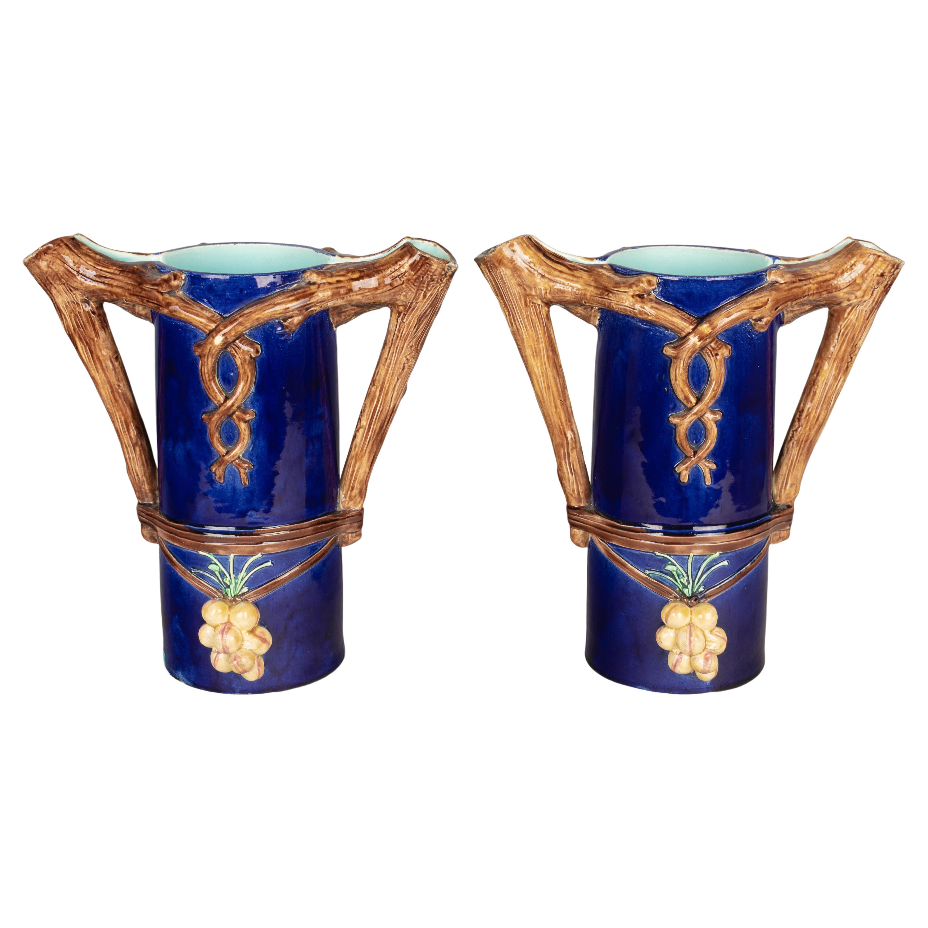 Pair of French Majolica Pitchers or Vases For Sale