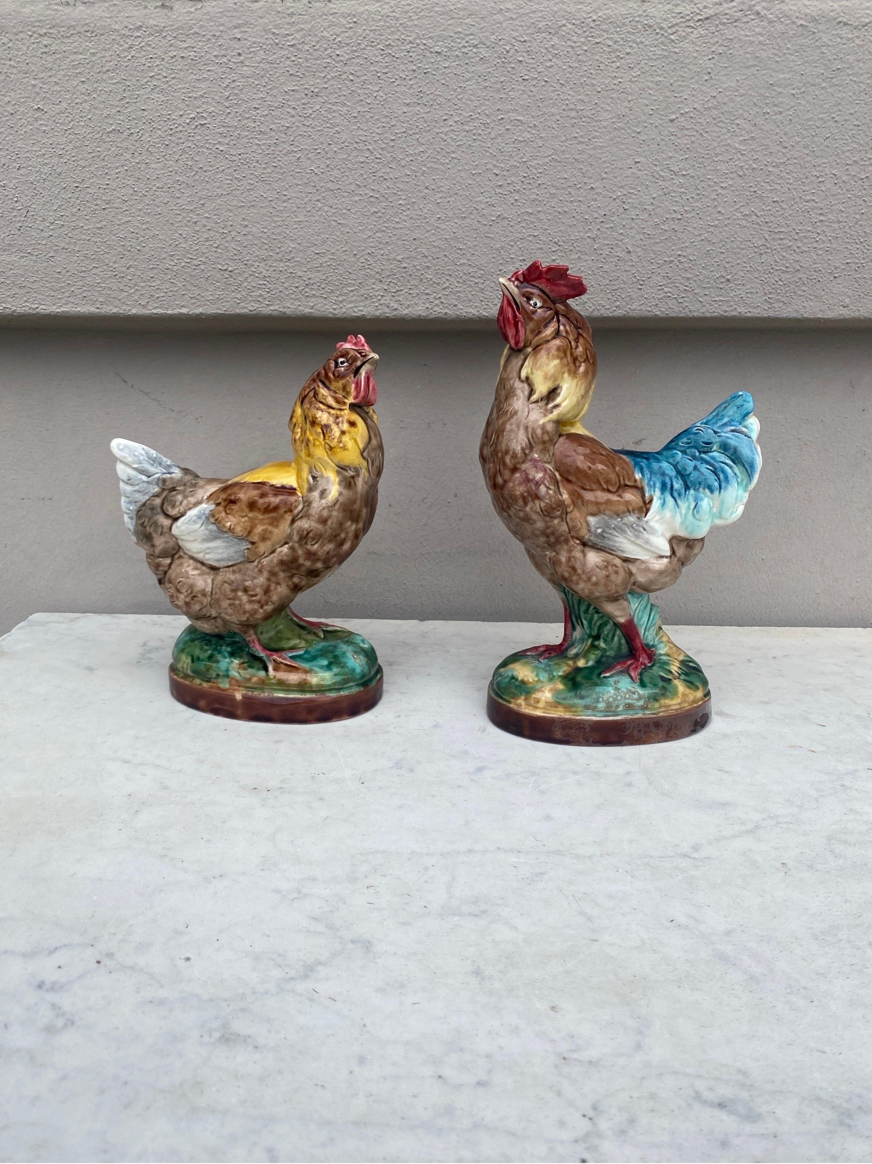 Pair of French Majolica Rooster & Hen attributed to George Dreyfus Circa 1890.
Hen : H / 8