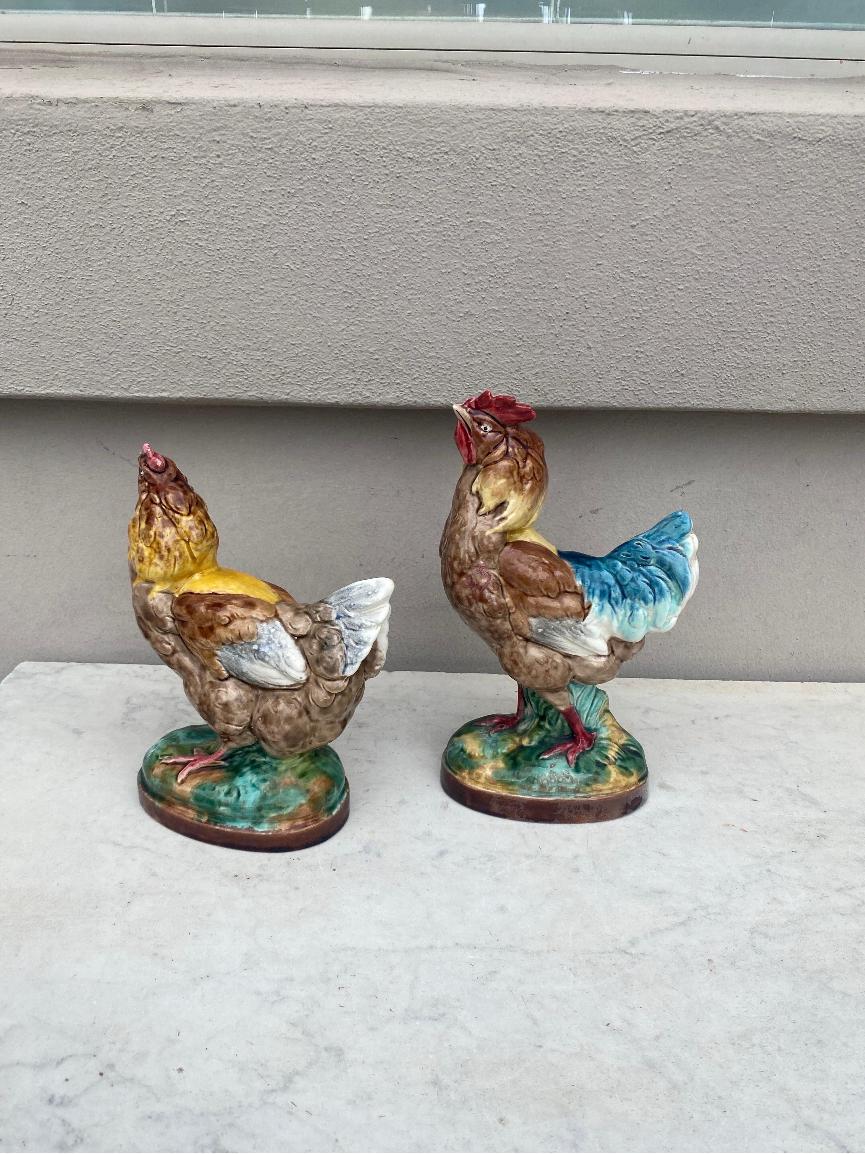 Rustic Pair of French Majolica Rooster & Hen Circa 1890 For Sale