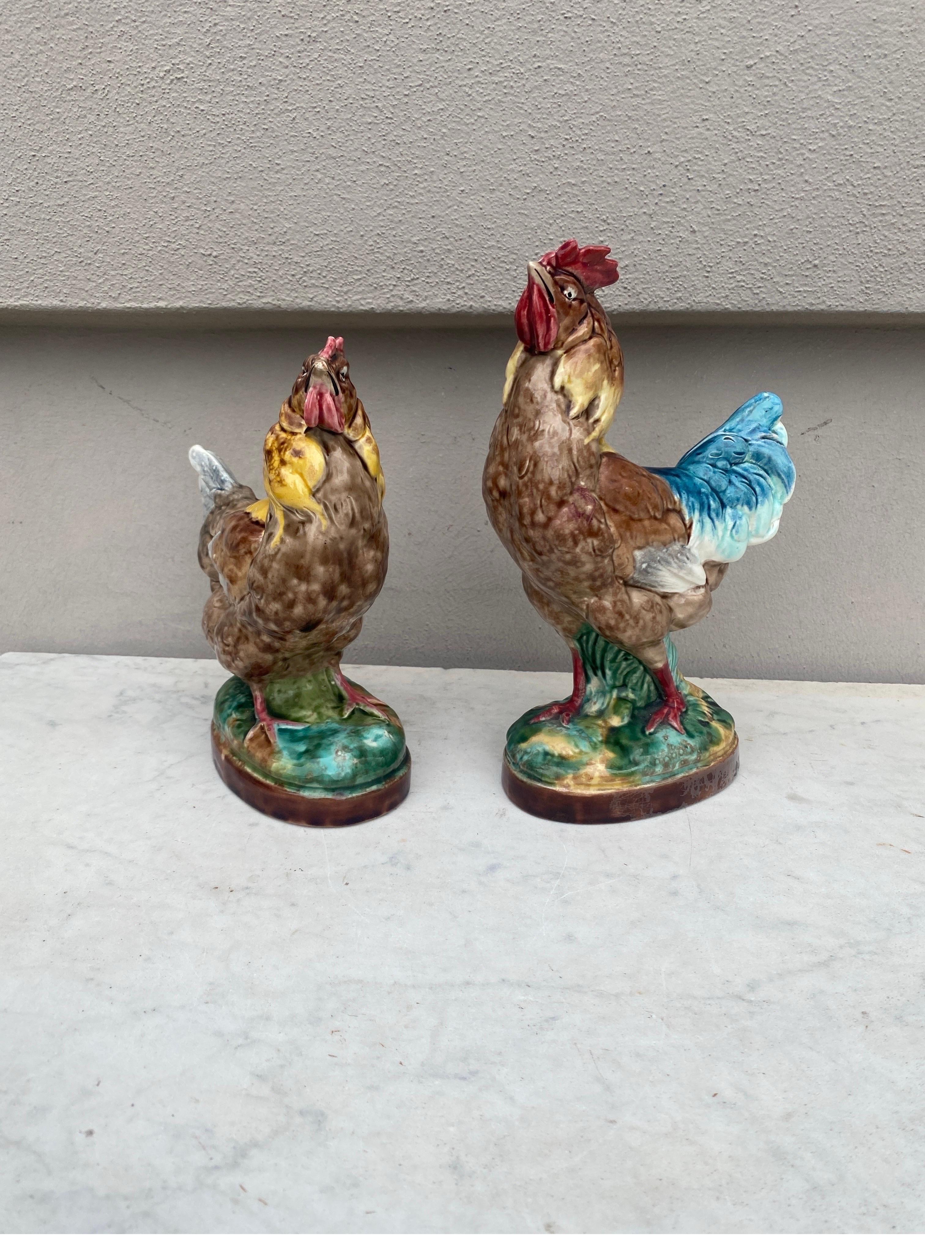 Pair of French Majolica Rooster & Hen Circa 1890 In Good Condition For Sale In Austin, TX