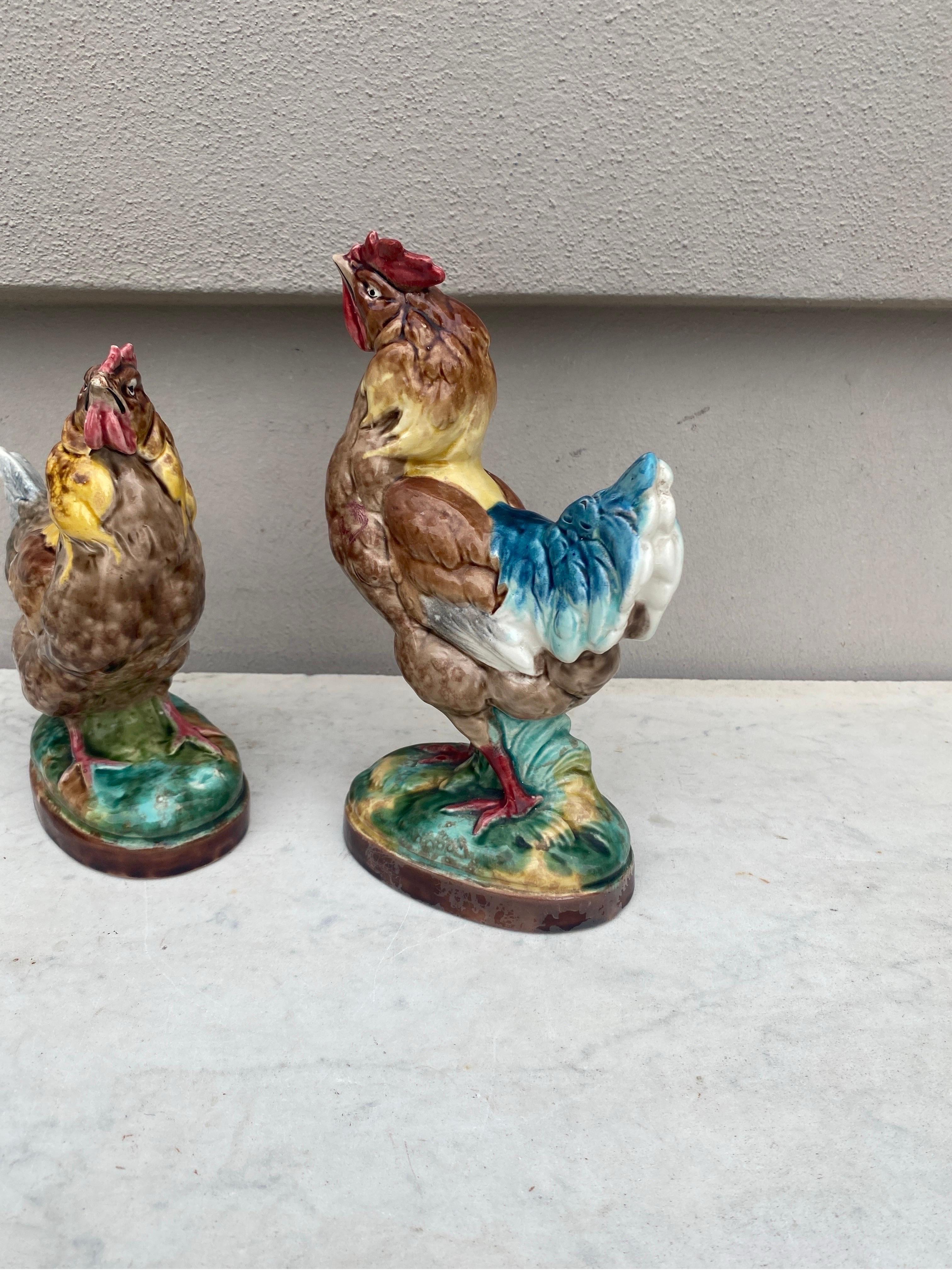 Late 19th Century Pair of French Majolica Rooster & Hen Circa 1890 For Sale