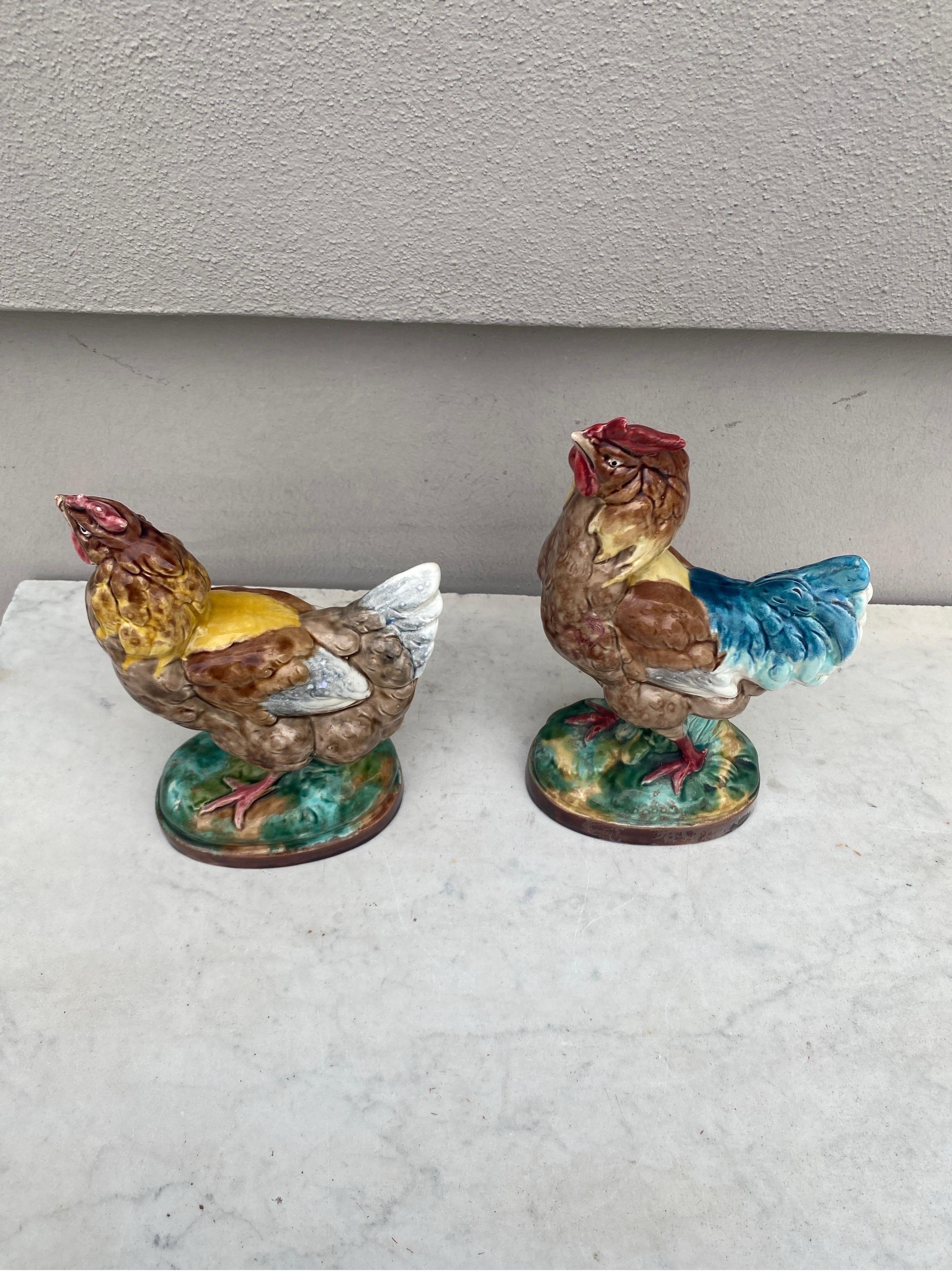 Ceramic Pair of French Majolica Rooster & Hen Circa 1890 For Sale