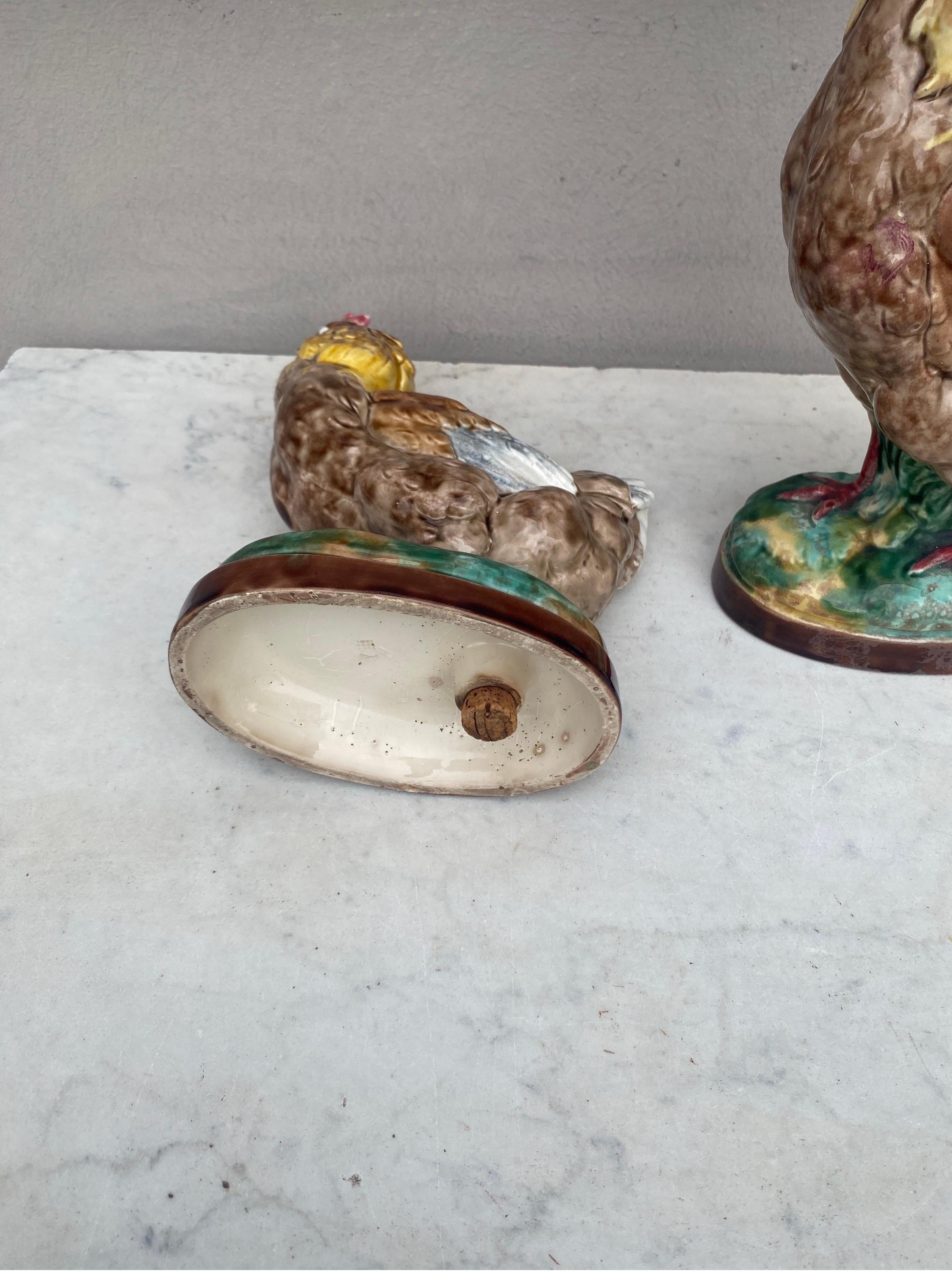 Pair of French Majolica Rooster & Hen Circa 1890 For Sale 1